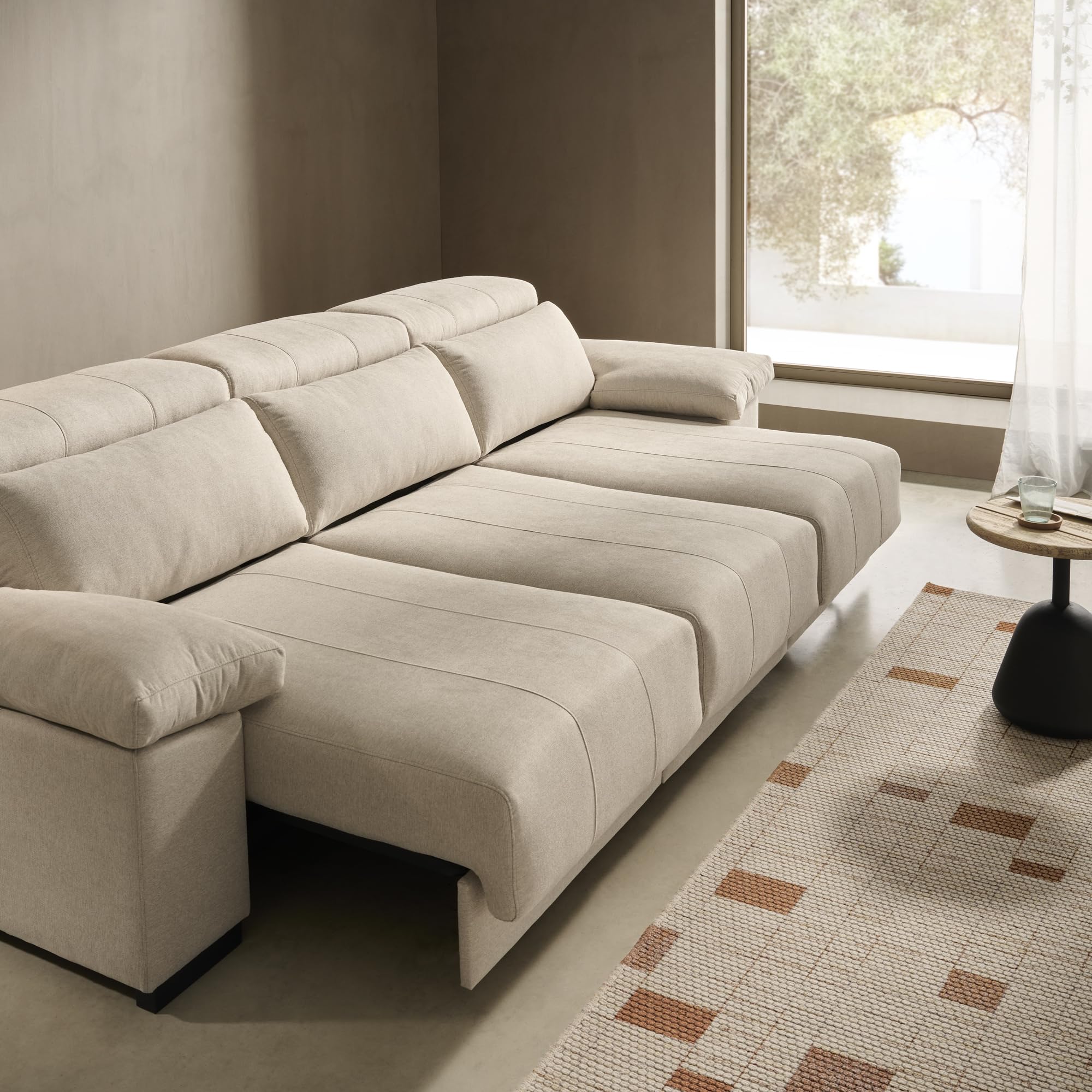 Matris Sofá Cama Chaise Longue Reversible con Arcón, Asientos Deslizantes, Respaldos Reclinables, Tierra, 285x155x107 cm | Sofá cama funcional