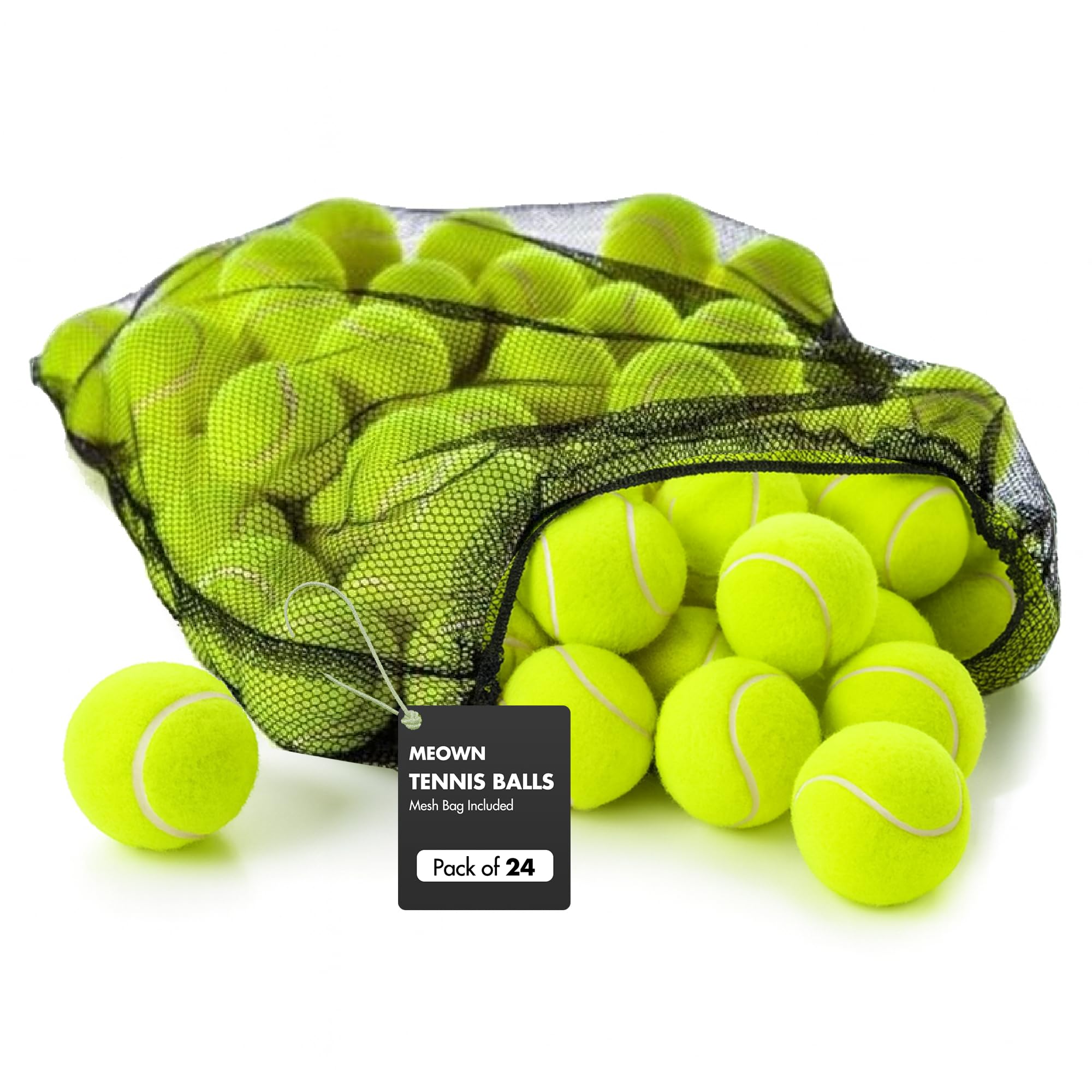 Meown Tennis Balls with Mesh Carrying Bag, Pack of 12 24 36 48 | Pressureless Training & Practice Balls for All Court Types | Durable Dog Fetch & Play Balls | Soft Rubber All-Court Tennis Balls