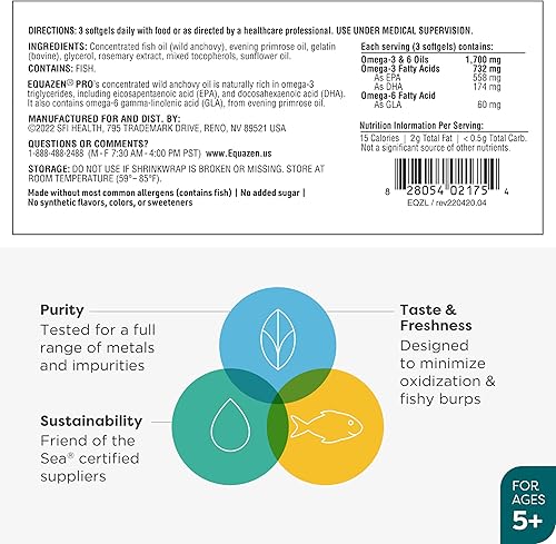 Miniatura 6 de Equazen Pro SFI Health - Cápsulas blandas de aceite de pescado - Omega 3 y Omega 6 para niños y adolescentes - EPA, GLA y DHA para niños, apoyo al
