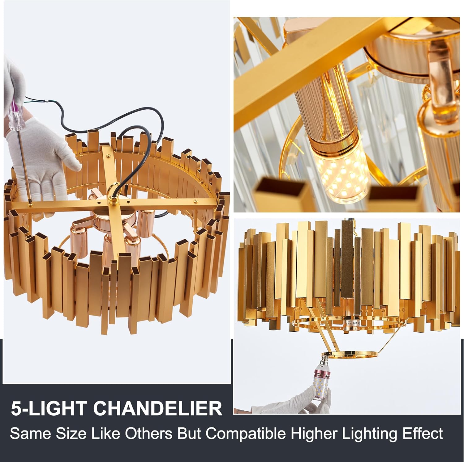 15.75" Gold Crystal Pendant Light Fixtures,5-Light Luxury Crystal Pendant Light Perfect for Dining Room, Bedroom, Kitchen, Living Room 3-Tier