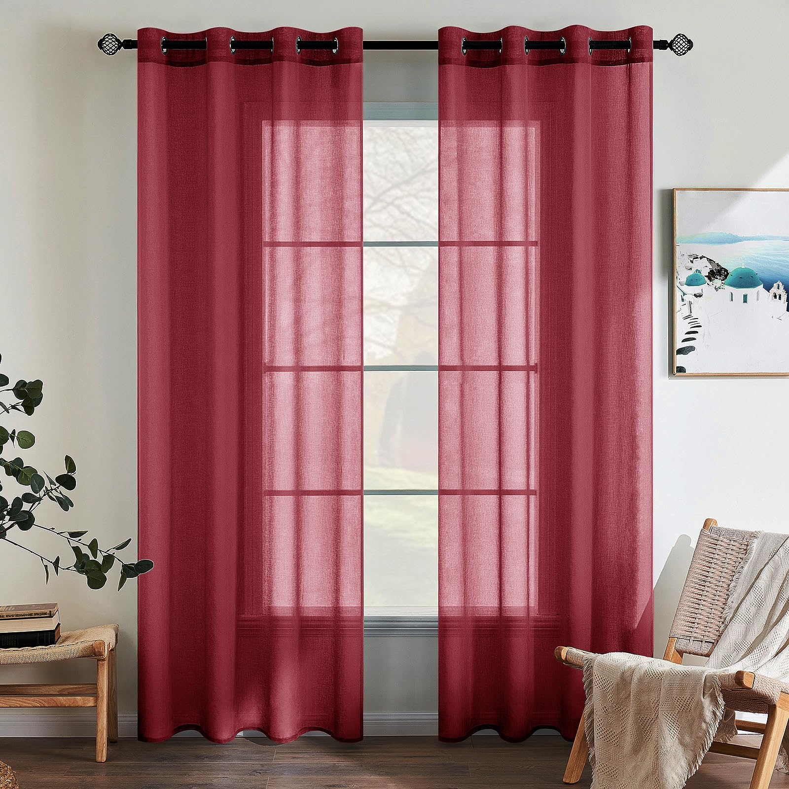 EMEMA 2er Set Sheer Voile Vorhang mit Ösen Transparente Gardine aus Voile Polyester Ösenschal Transparent Wohnzimmer Luftig Dekoschal für Schlafzimmer 140 X 290 cm Rot
