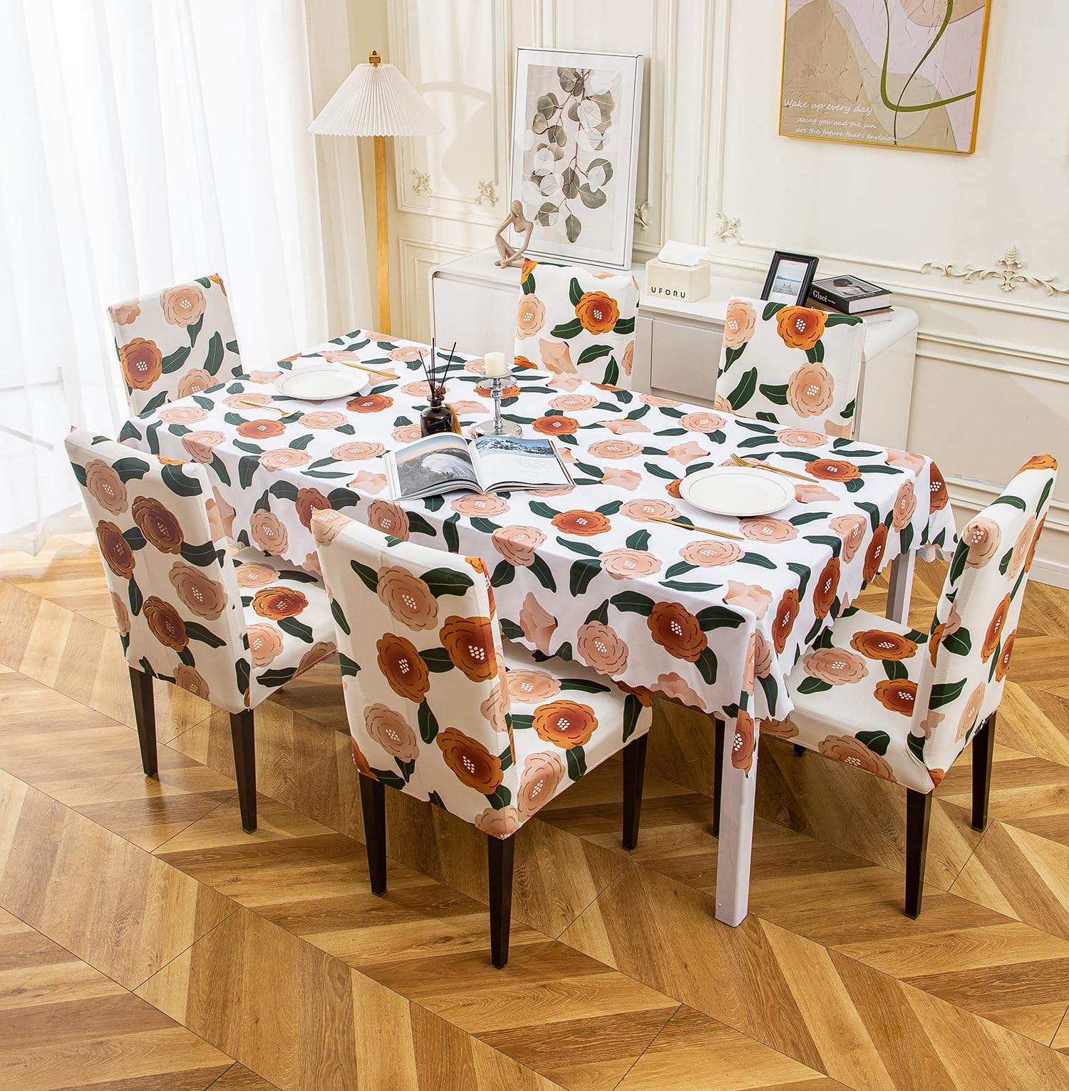 House of Quirk Dining Table Cover Waterproof for Kitchen Dining, Polyester Rectangular Table Cloth Dust and Oil Repellent, Kitchen Décor (140x180cm, White/Brown Flower, 1 Table Cover + 4 Chair Cover)