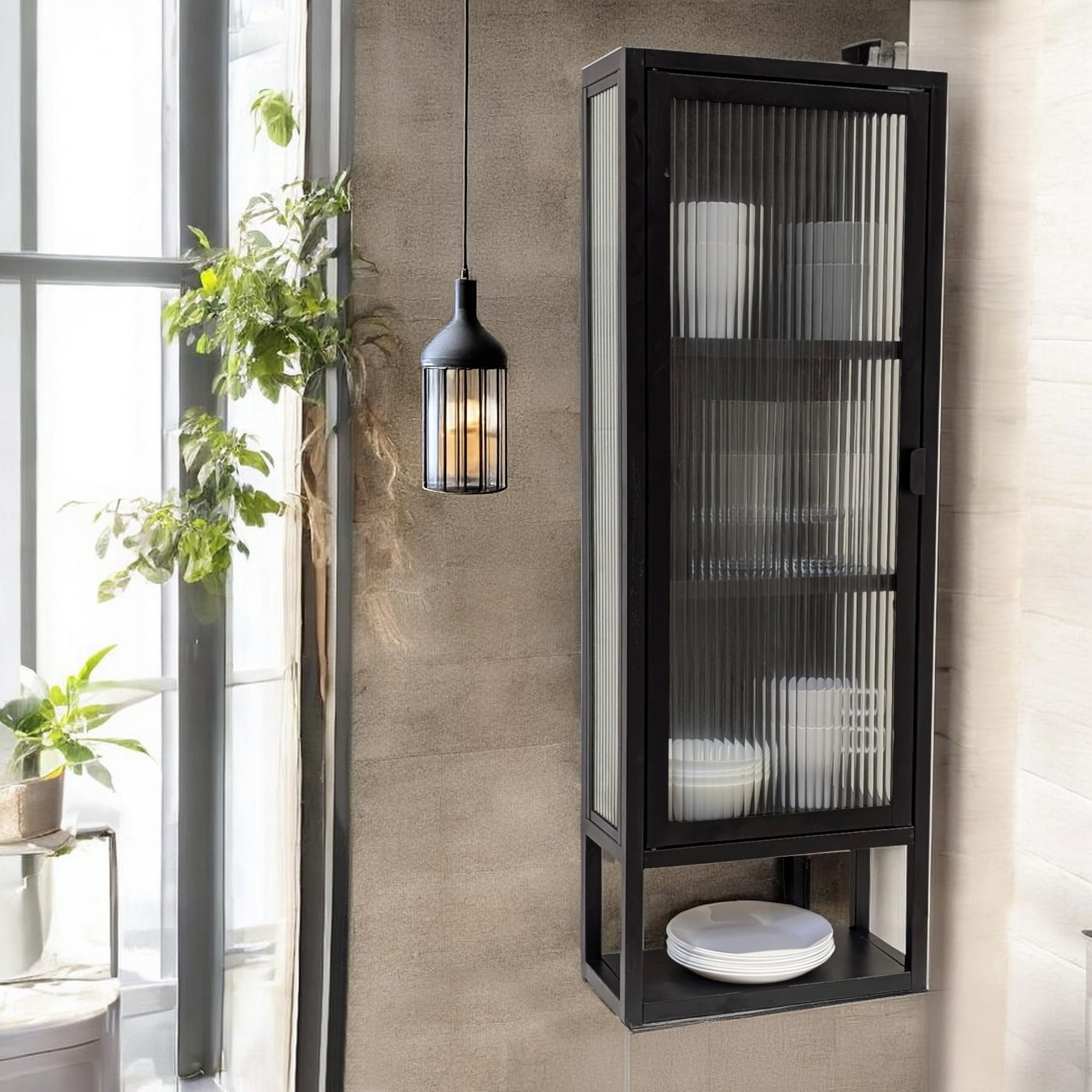 osoltus Wandschrank Riffelglas Stahl Regal Cube schwarz Industrial 102x36cm