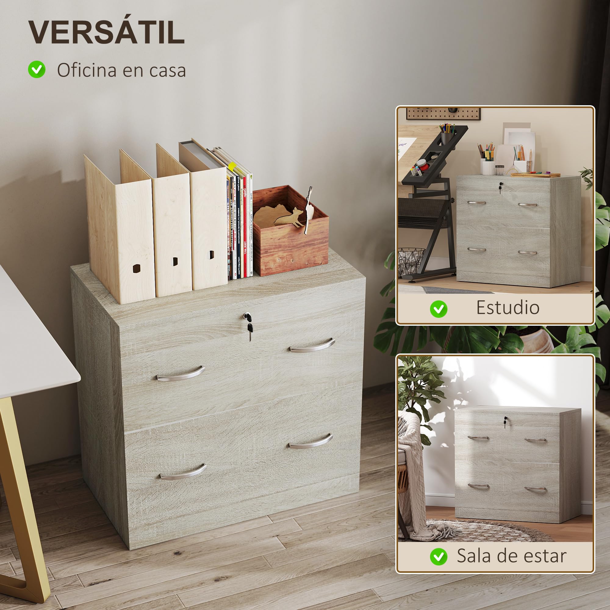 Vinsetto Commode de bureau avec 2 tiroirs avec guides pour dossiers suspendus pour serrure A4 et 2 clés pour studio salon 74 x 42 x 72 cm Naturel