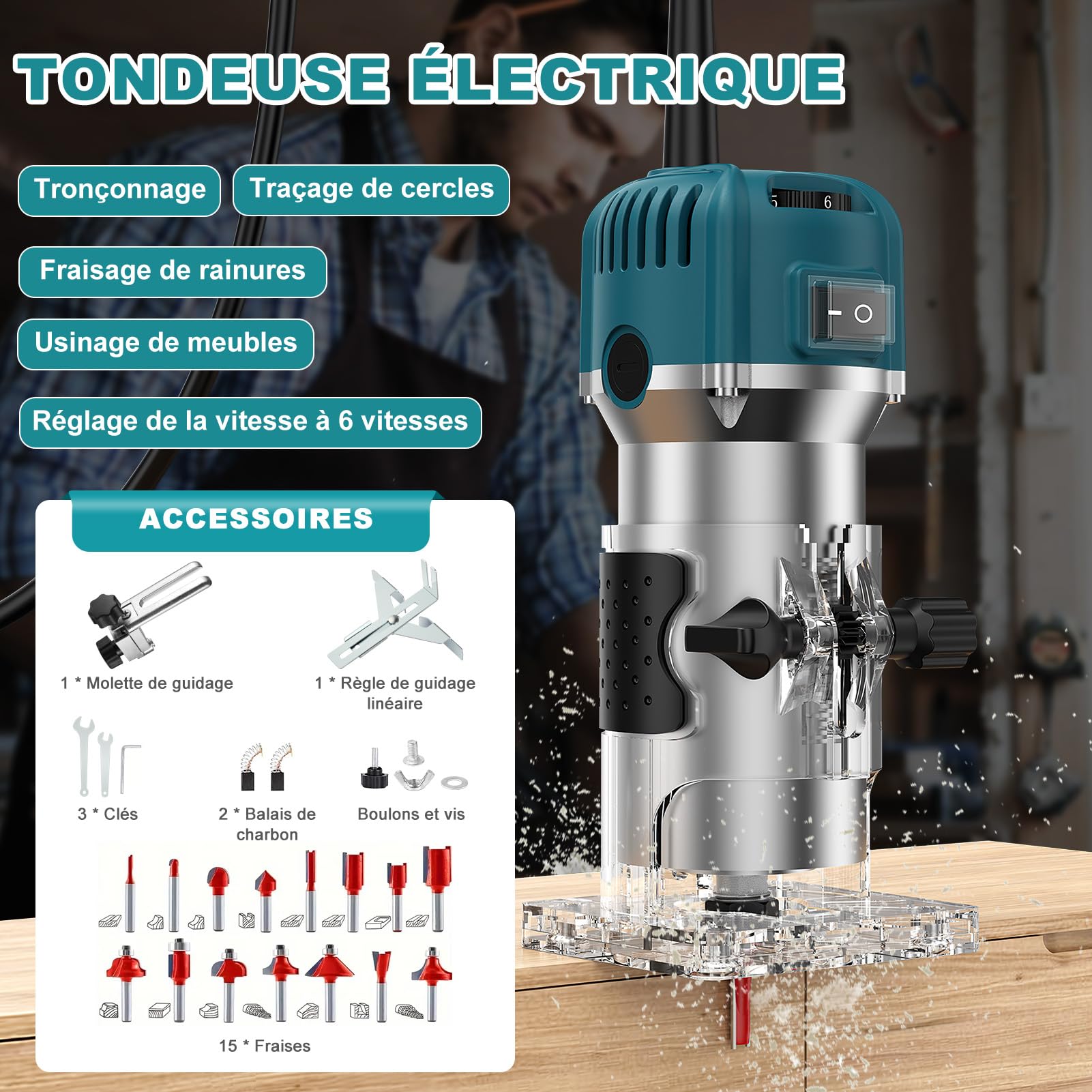 Affleureuse à Bois Défonceuse Électrique, 800W 28000 RPM Bois Défonceuse Affleureuse électrique, 6,35 mm 6 Vitesses Routeur à Bois électriques Fraiseuse à Bois à une Main Avec 15 Fraises