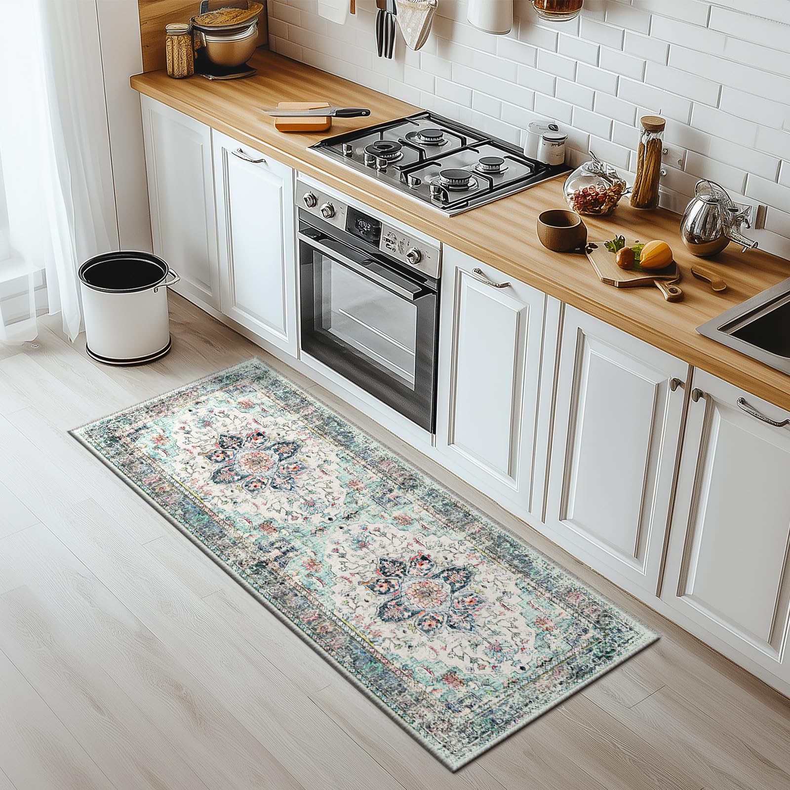 BESTSWEETIE 2x6 Area Rug Washable Rugs for Living Room, No Pile Boho Carpet for Entryway Bedroom Dinning Room, Vintage Carpet Print Distressed