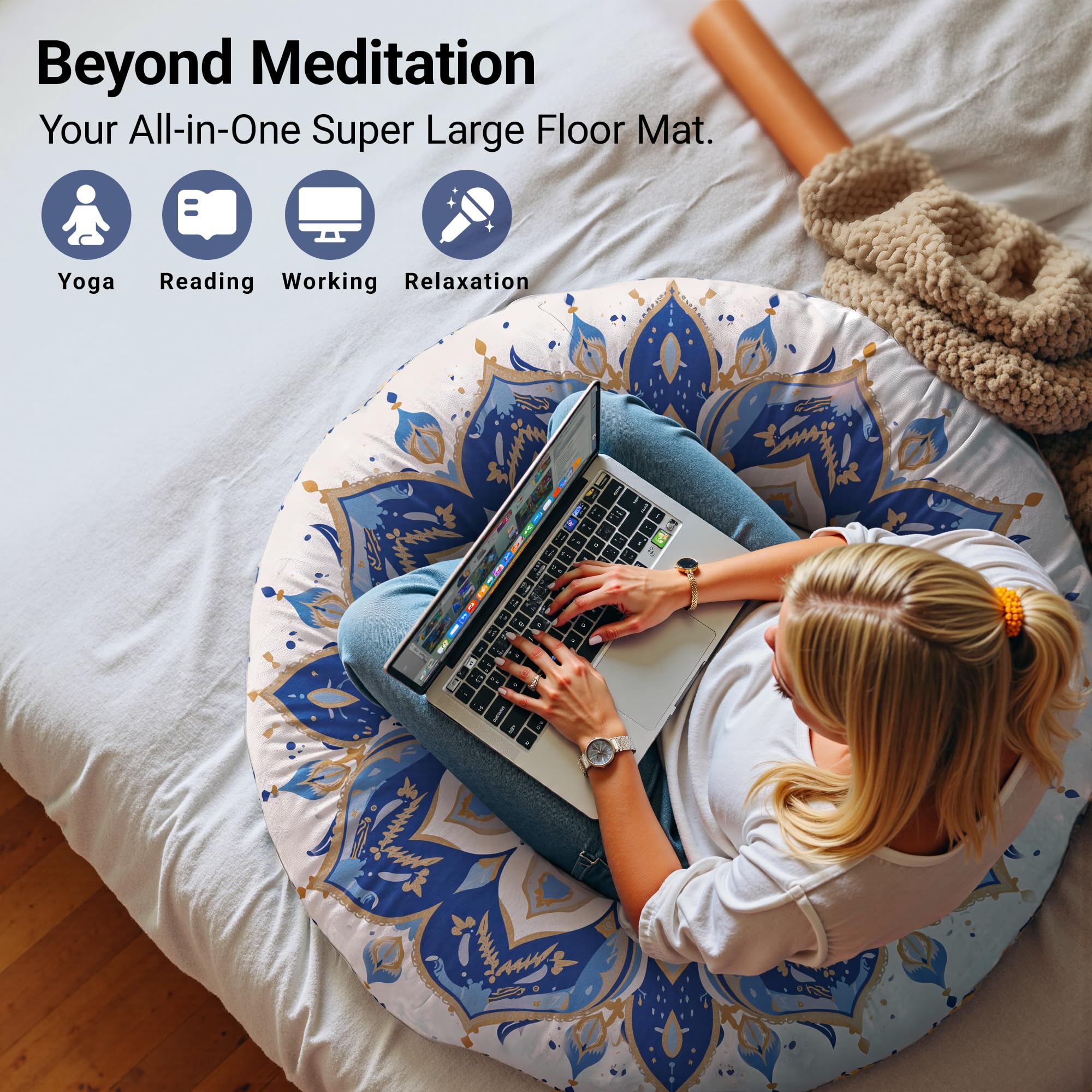 Cojín de Meditación Redondos, Almohada de Suelo con Funda Extraíble y Lavable, 80 cm Cojín de Yoga Ergonómico con Detalles de Pompones, Uso Interior/Exterior, marrón