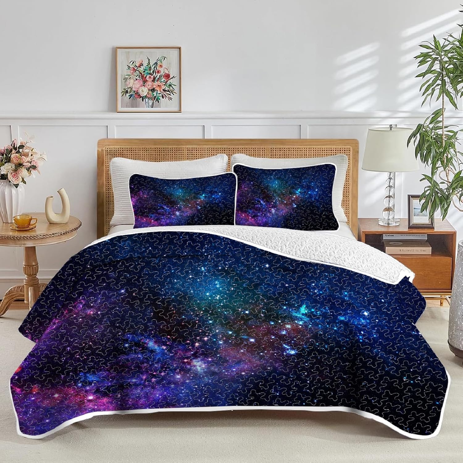 kxry Blue Purple 3D Galaxy Quilt Set Full/Queen Size Bedspreads Soft Quilt Bedding Set Lightweight Coverlet for All Seasons Thin Comforter Bed Cover (1 Quilt and 2 Pillow Shams) Galaxy Full/Queen