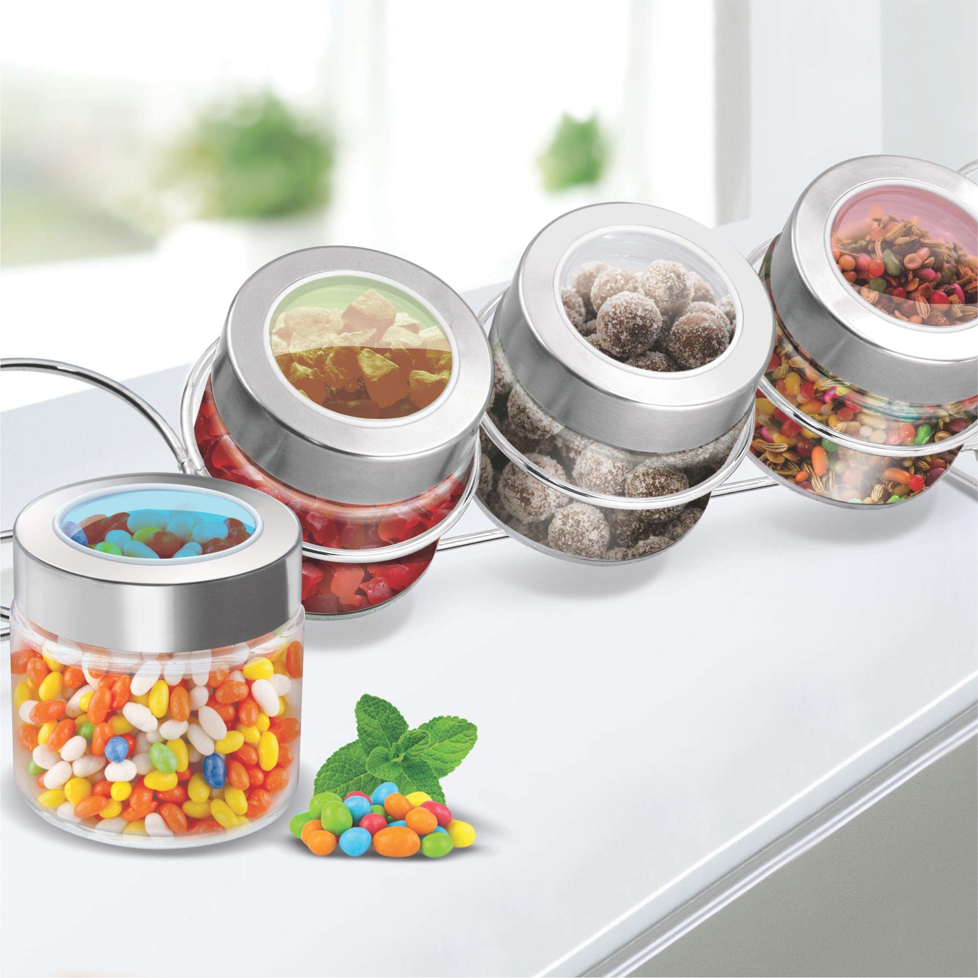 Treoby Milton Delfy Storage Glass Jar Translucent Colour Lid with Metal Stand Set of 4