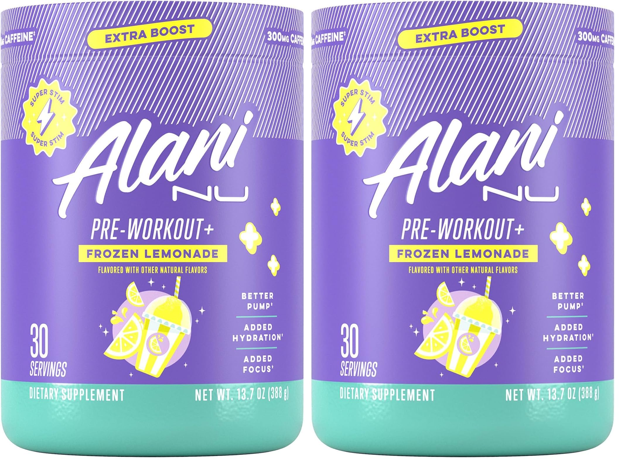 Alani Nu Pre Workout+ Powder Frozen Lemonade, Extra Boost, Sugar Free, 300mg Caffeine, L-Theanine, Beta-Alanine, Citrulline, 30 Servings, (Pack of 2)