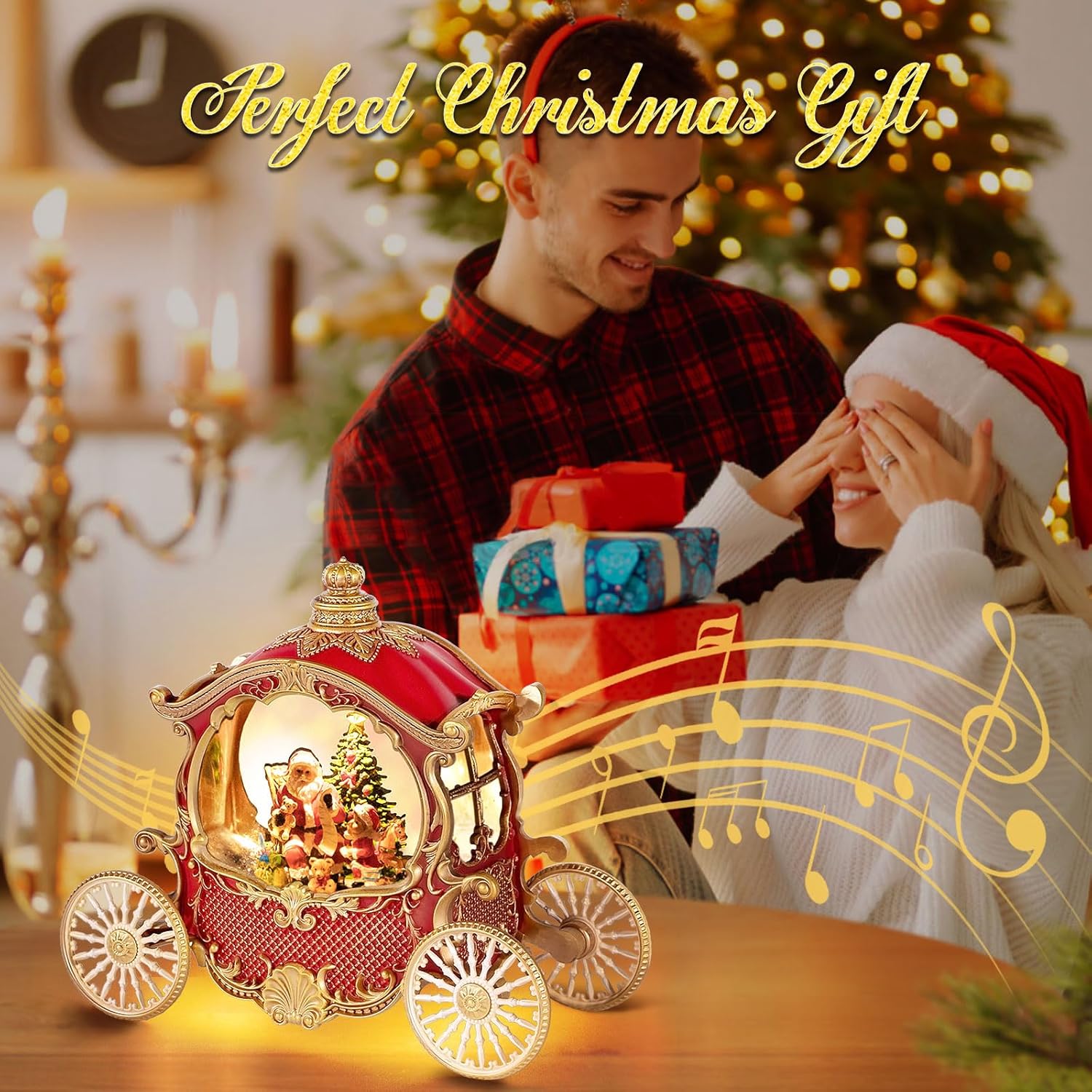 Christmas Snow Globes,Christmas Carriage Snow Globe with 8 Music & Timer, Battery Or USB Cable Powered Operated Glittering for Christmas Table Centerpiece Decoration.Gift- Santa,Christmas Tree - Image 3