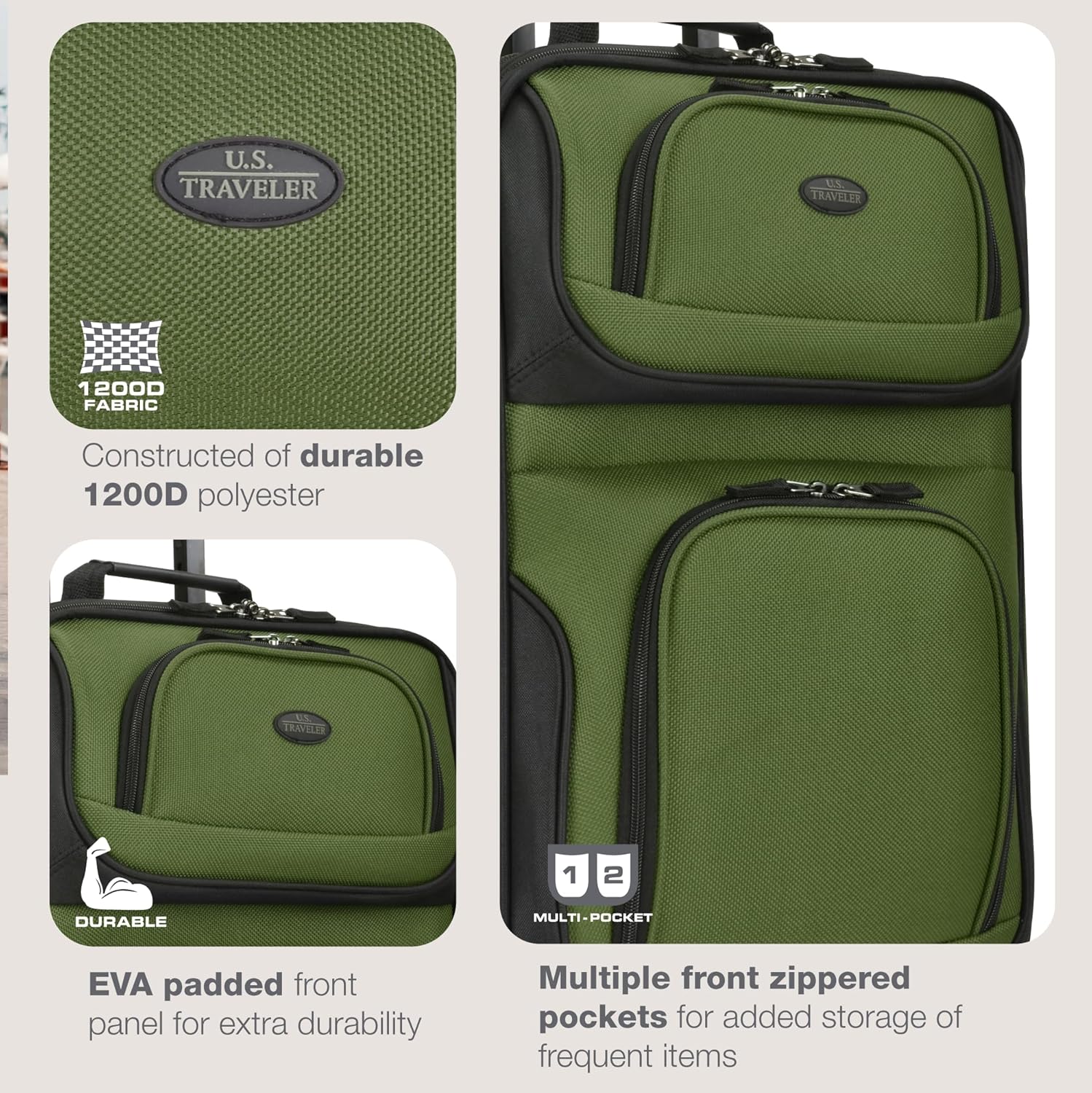 U.S. Traveler Rio Lightweight Softside Rolling Carry-on Suitcase, 2-Wheel Single, Green