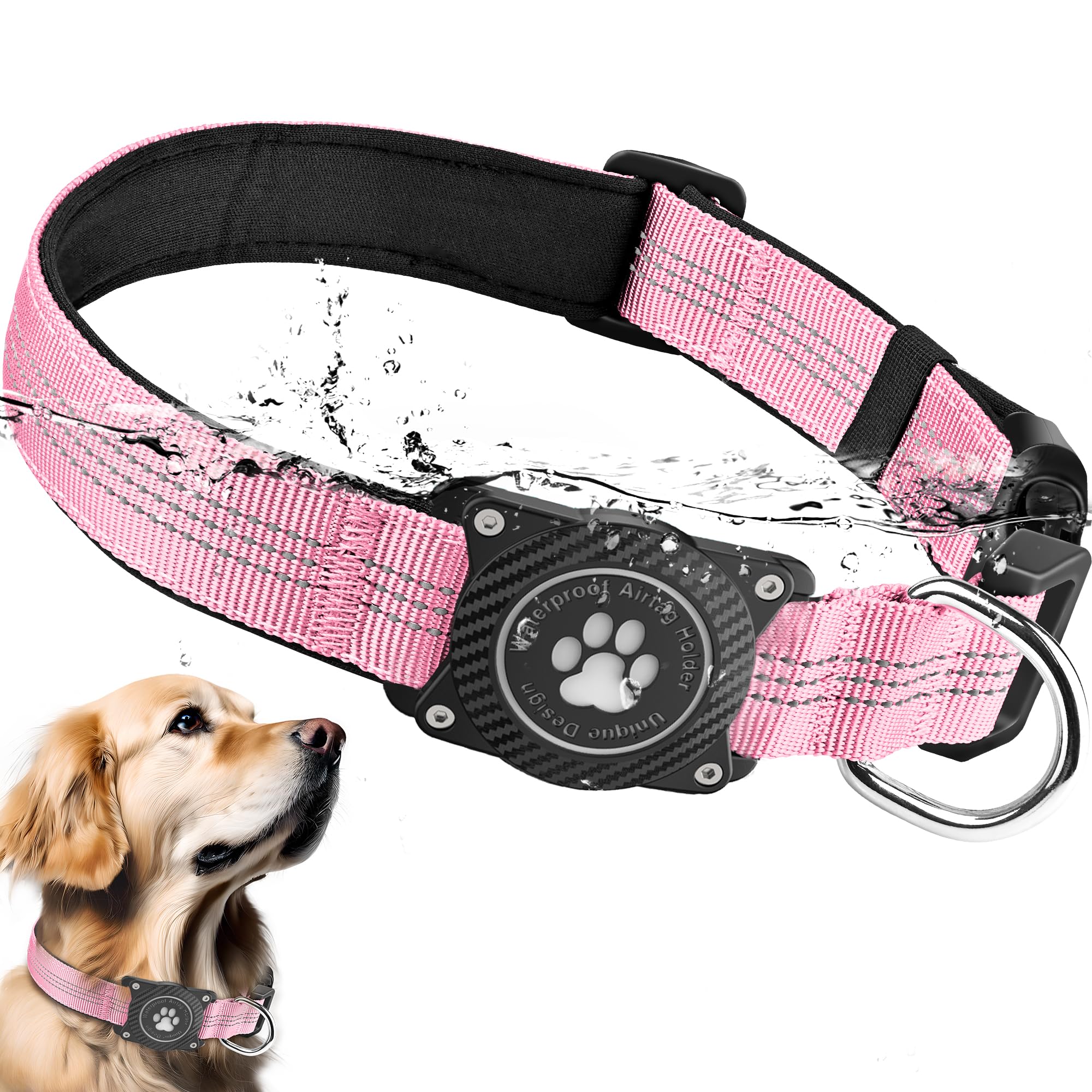 OKVSKO Airtag Dog Collar, Waterproof Air Tag Holder Dog Collar, Luminous & Reflective, Comfortable Padded, Adjustable Pet Collar for Small Medium