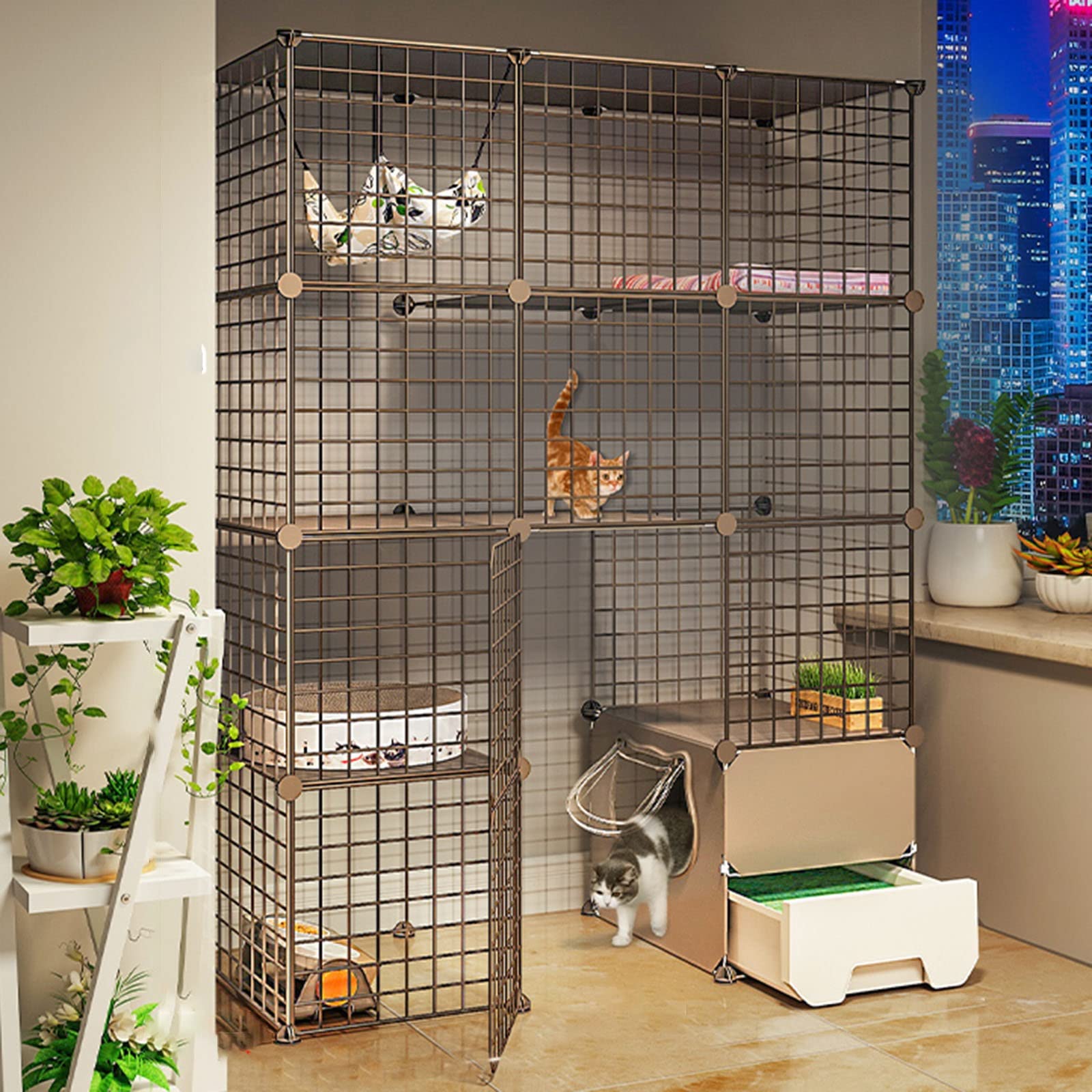 Cage pour chat modulable avec bac à litière intégré pour 1 à 4 chats