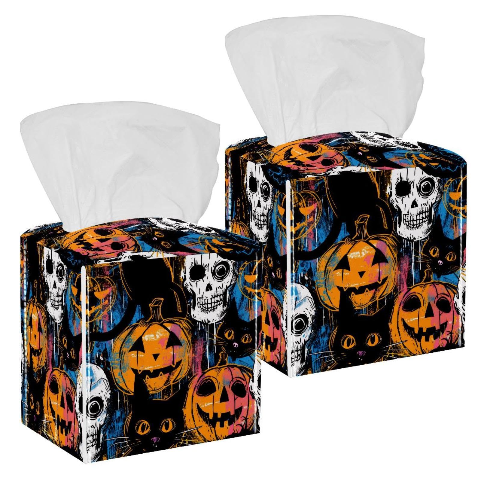 Cat Skull Pumpkin Halloween Tissue Box Cover, 2 Pack PU Leather Square Facial Tissue Dispenser Box holder for Home Office Car