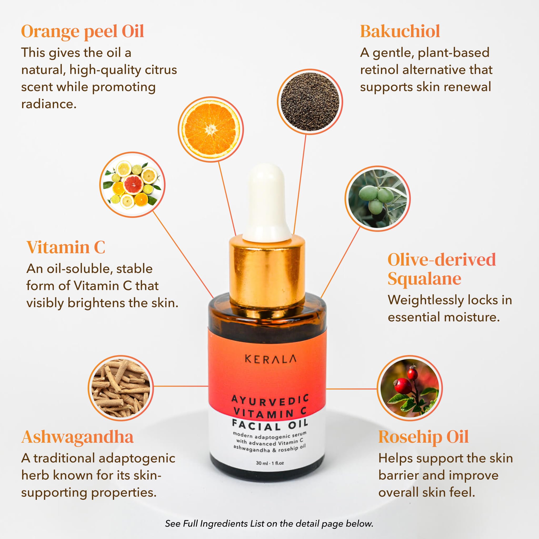 Aceite ayurvédico de vitamina C, suero de vitamina C iluminador de la piel con aceite de rosa mosqueta, ashwagandha, escualano, aceite facial hidratante - aceite facial no graso - aceite puro de