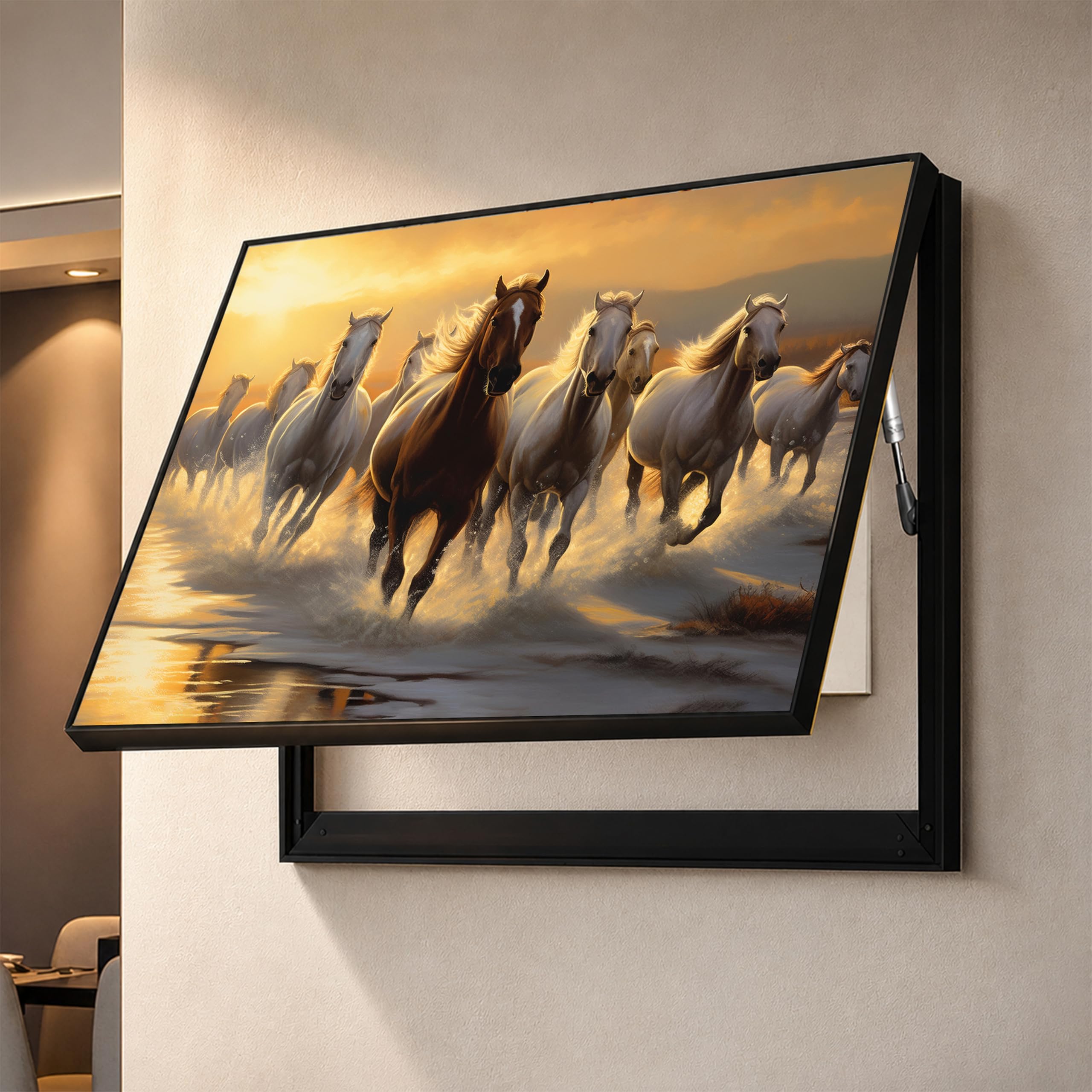Electric MCB Box Cover Frame With Hydraulic Decorative White 9 Running Horse Painting Electrical Panel box Cover, Switch Box Frame Will Fit Max 15x20 inch Switch Board, Outer Box Size 17X23 Inch-image-14