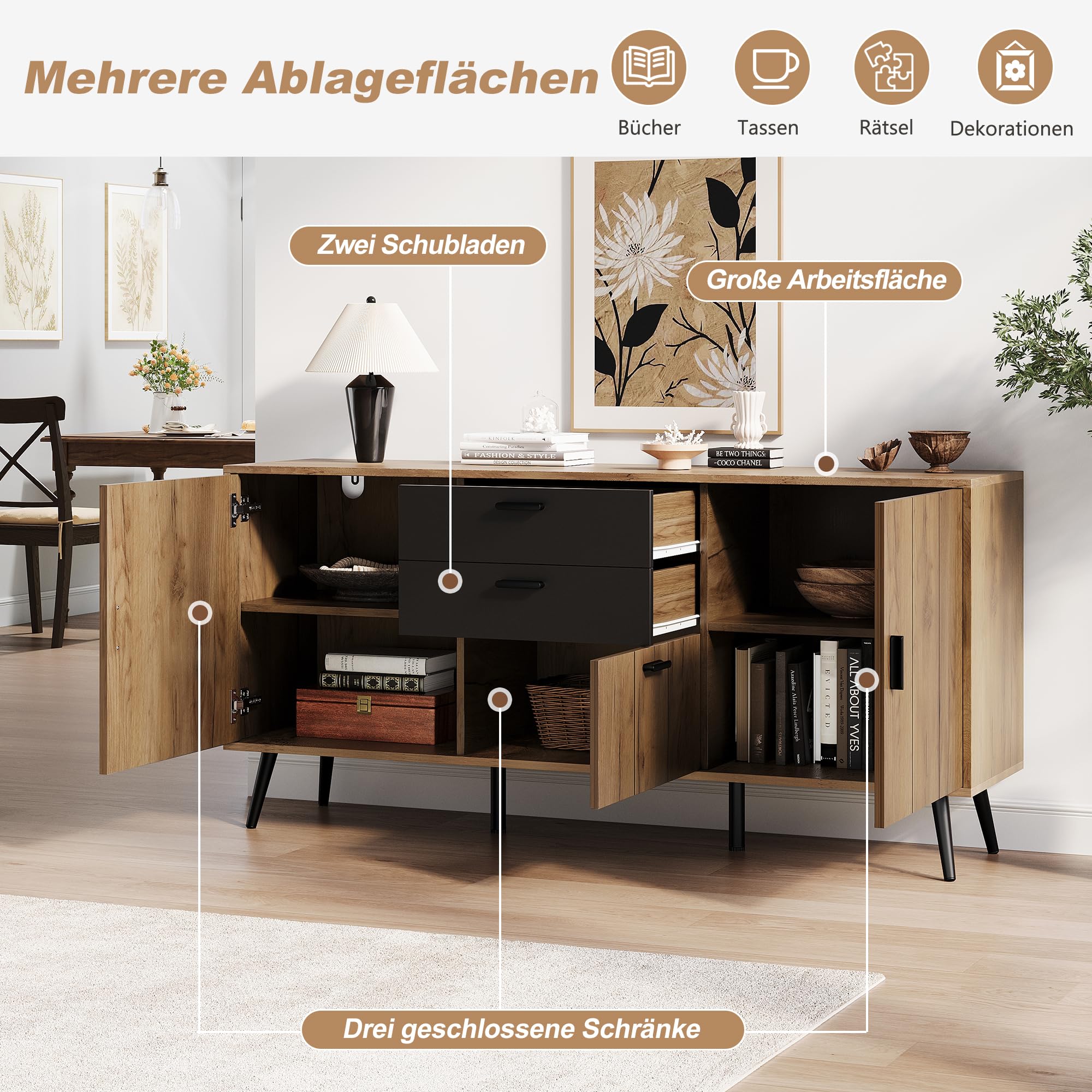 Credenza con 3 ante e 2 cassetti, effetto legno e nero, 140 x 35 x 67 cm, per soggiorno, sala da pranzo, cucina