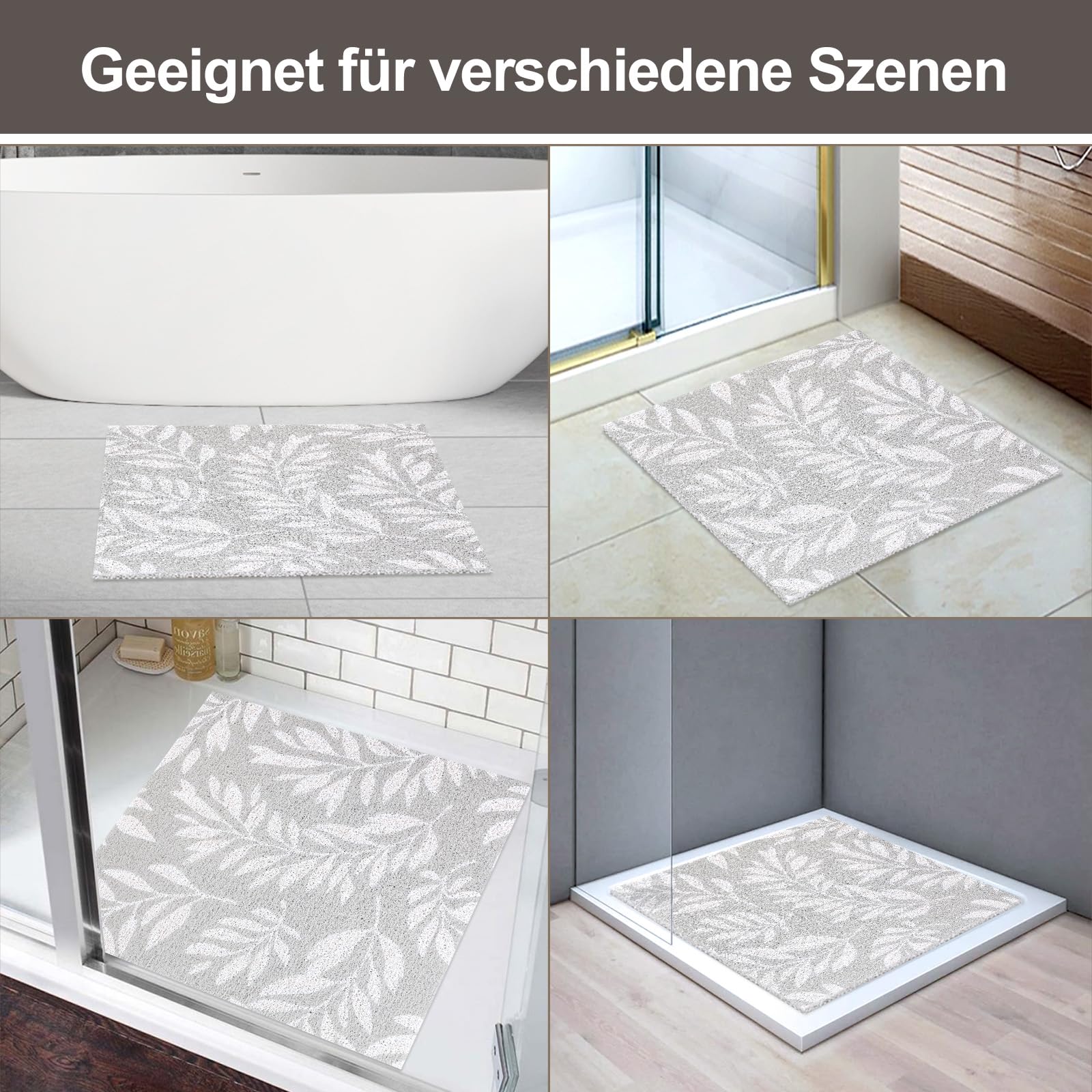 Tapis de douche antidérapant 80 x 80 cm, en PVC, uffa avec trous de drainage, doux, confortable, sécurité, séchage rapide, feuilles grises, 80 x 80 cm (carré)