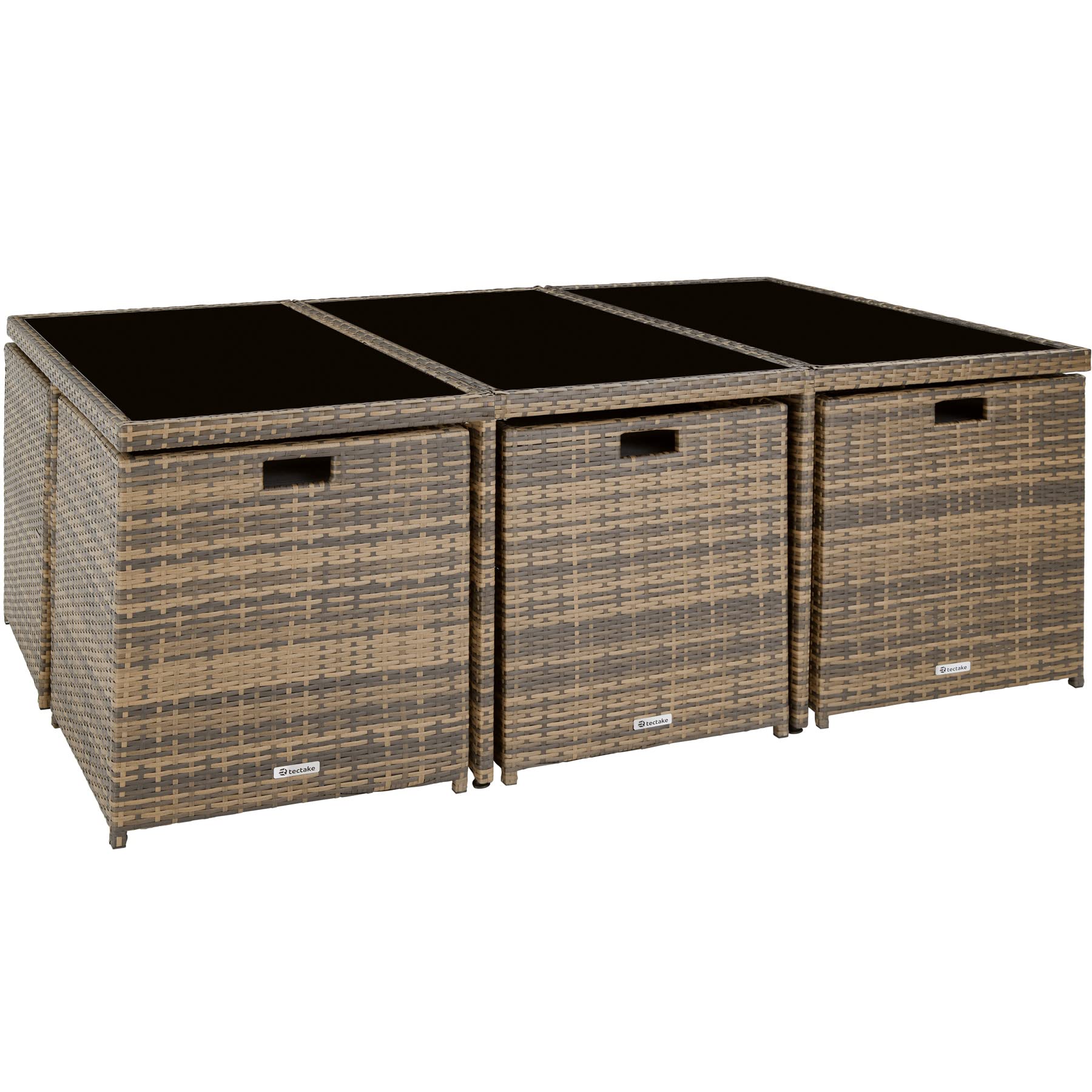 tectake® Polyrattan Gartenmöbel Set, Sitzgruppe mit 6 Stühle + 1 Glasplatte Tisch + 4 Hocker, Gartenlounge Set klappbar mit Aluminium Gestell, für 10 Personen, Balkon Möbel, inkl. 2 Bezugsset - Natur