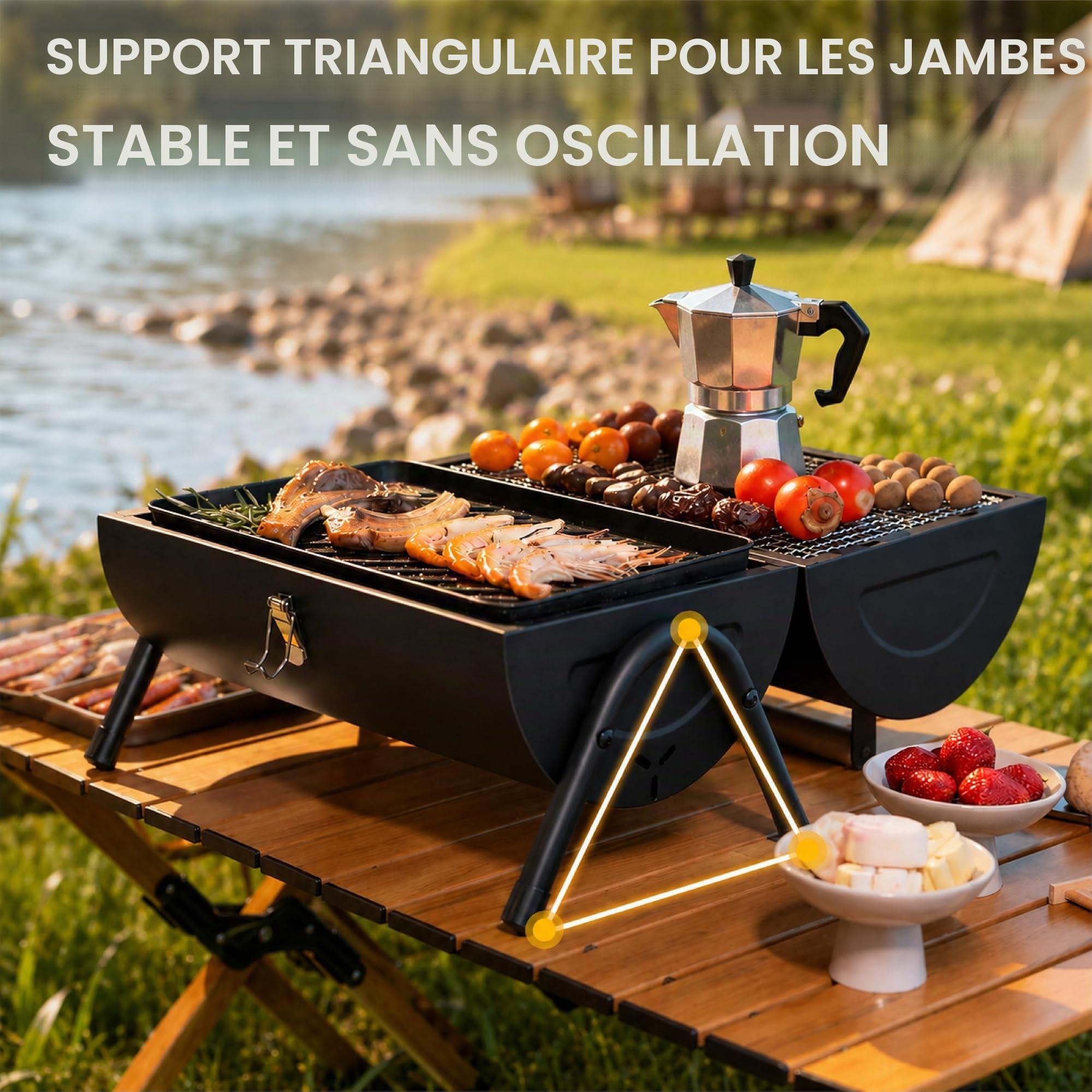 Barbecue à Charbon de Bois Portable, Mini Barbecue Smoker avec Couvercle et Cheminée, BBQ Camping de Table avec Double Grille pour Jardin Terrasse