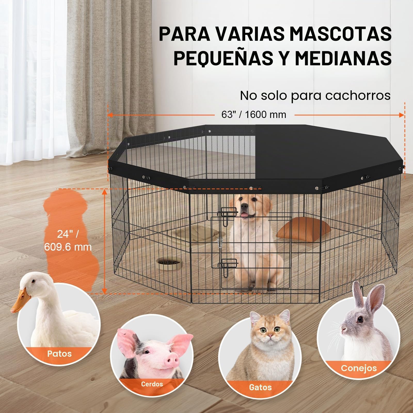 VEVOR Valla para Perros de 61x61 cm, Parque para Perros, Conejos, Gatos, con Valla de Cubierta Superior para Mascotas Pequeñas y Medianas, 8 Paneles de Malla Metálica Plegables para Camping, Viaje