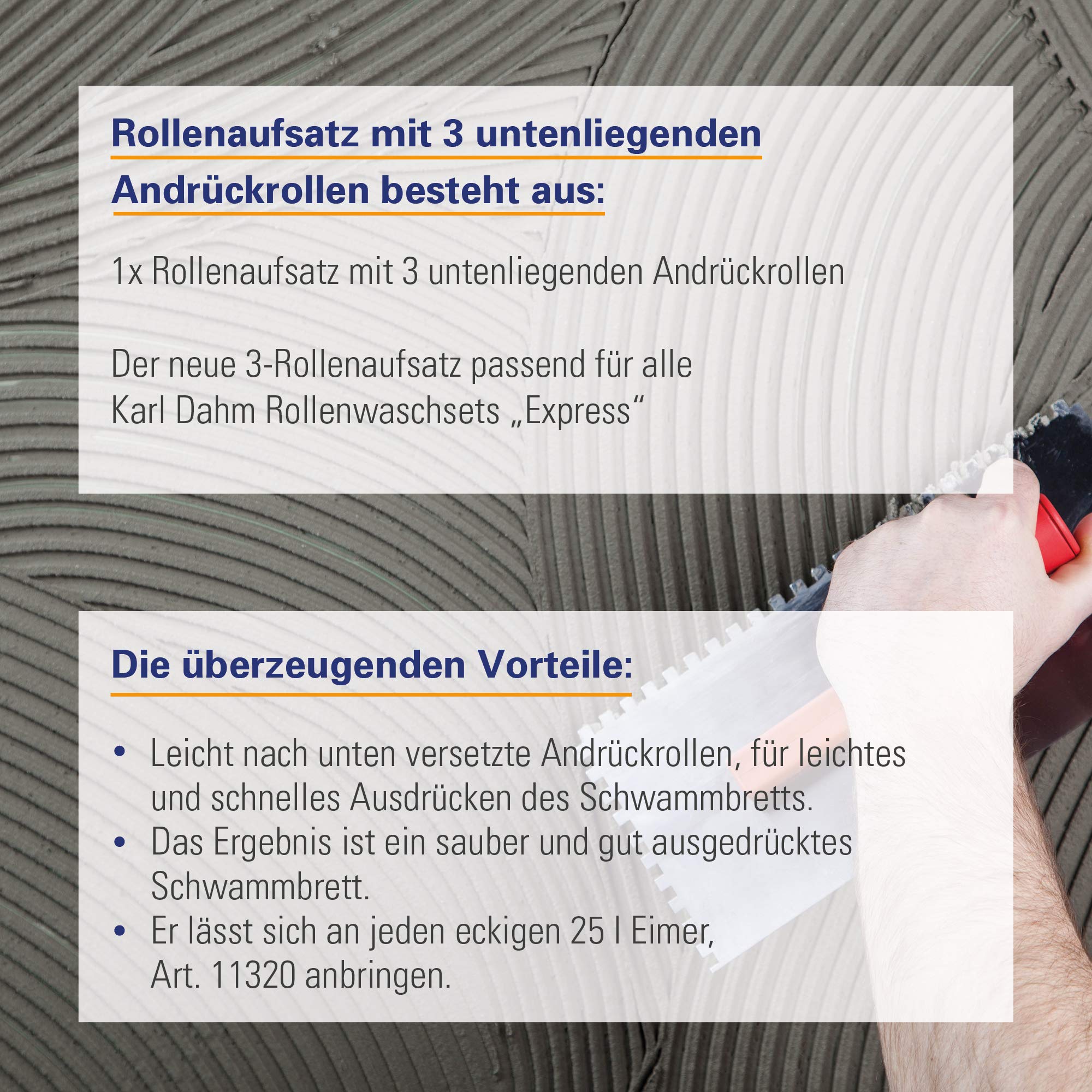 Karl Dahm Schwammrolle für Fliesen-Waschset I Eimerrollenaufsatz mit 3 Andruckrollen I Fliesen-Waschset Zubehör & Fliesenreinigungs-Zubehör – 11316