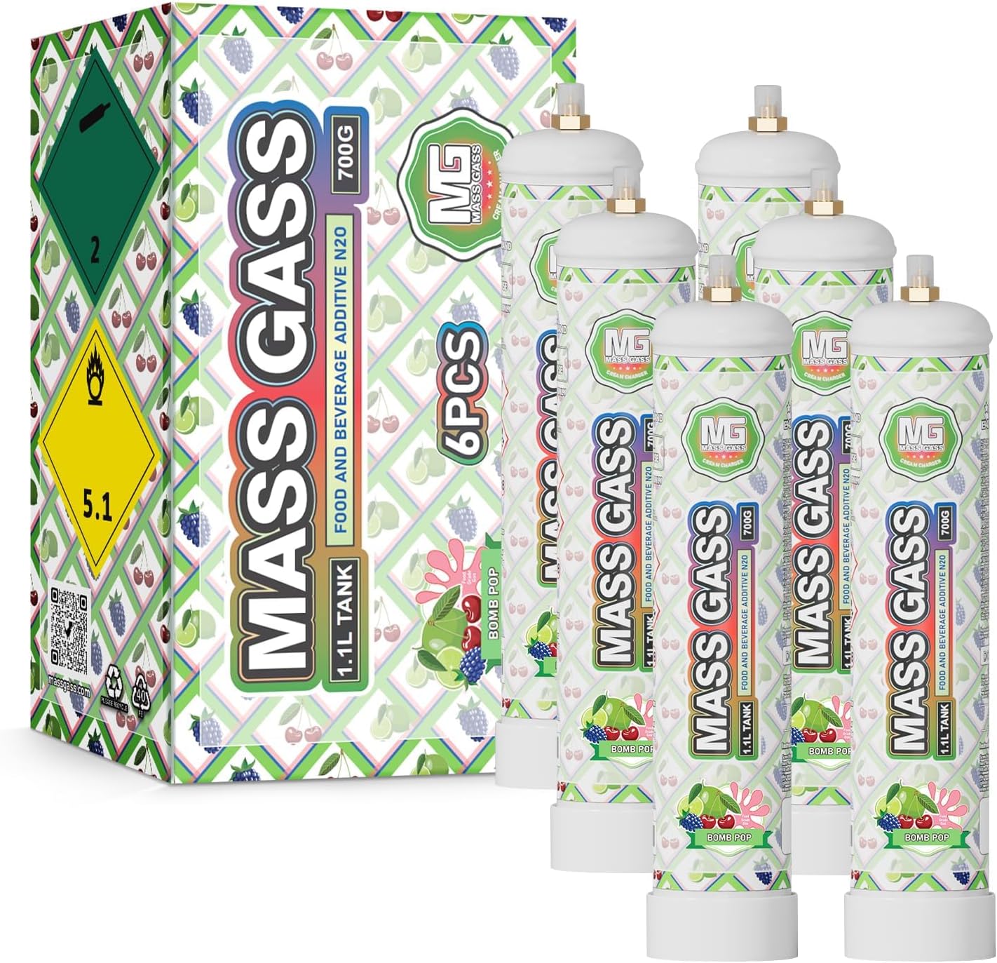 Whipped Cream Charger,MassGass 700g 1.1L (BOMB POP 6 Cylinders）Cream Chargers