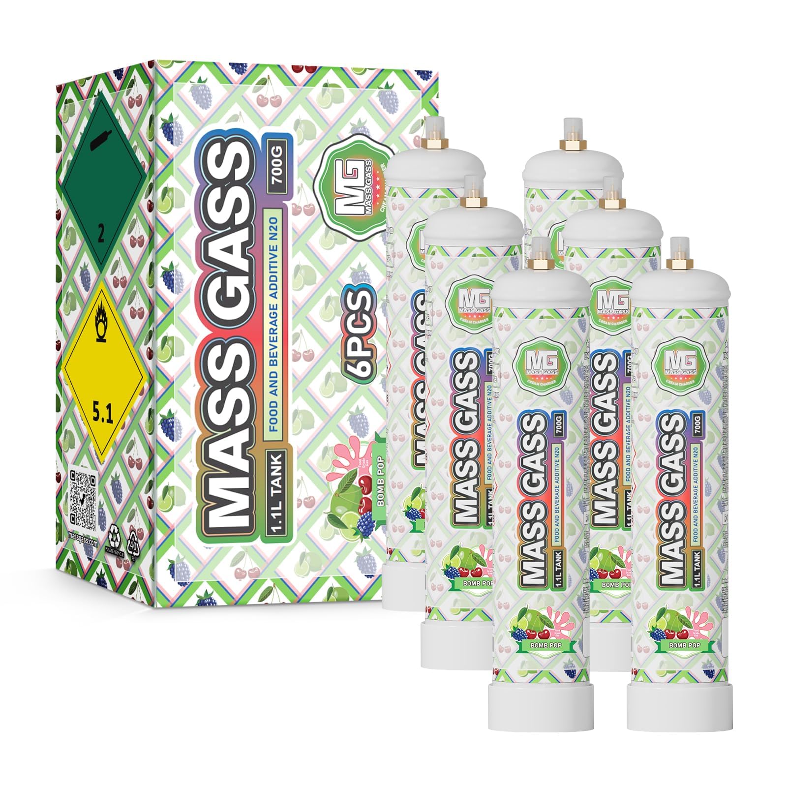 Whipped Cream Charger,MassGass 700g 1.1L (BOMB POP 6 Cylinders）Cream Chargers