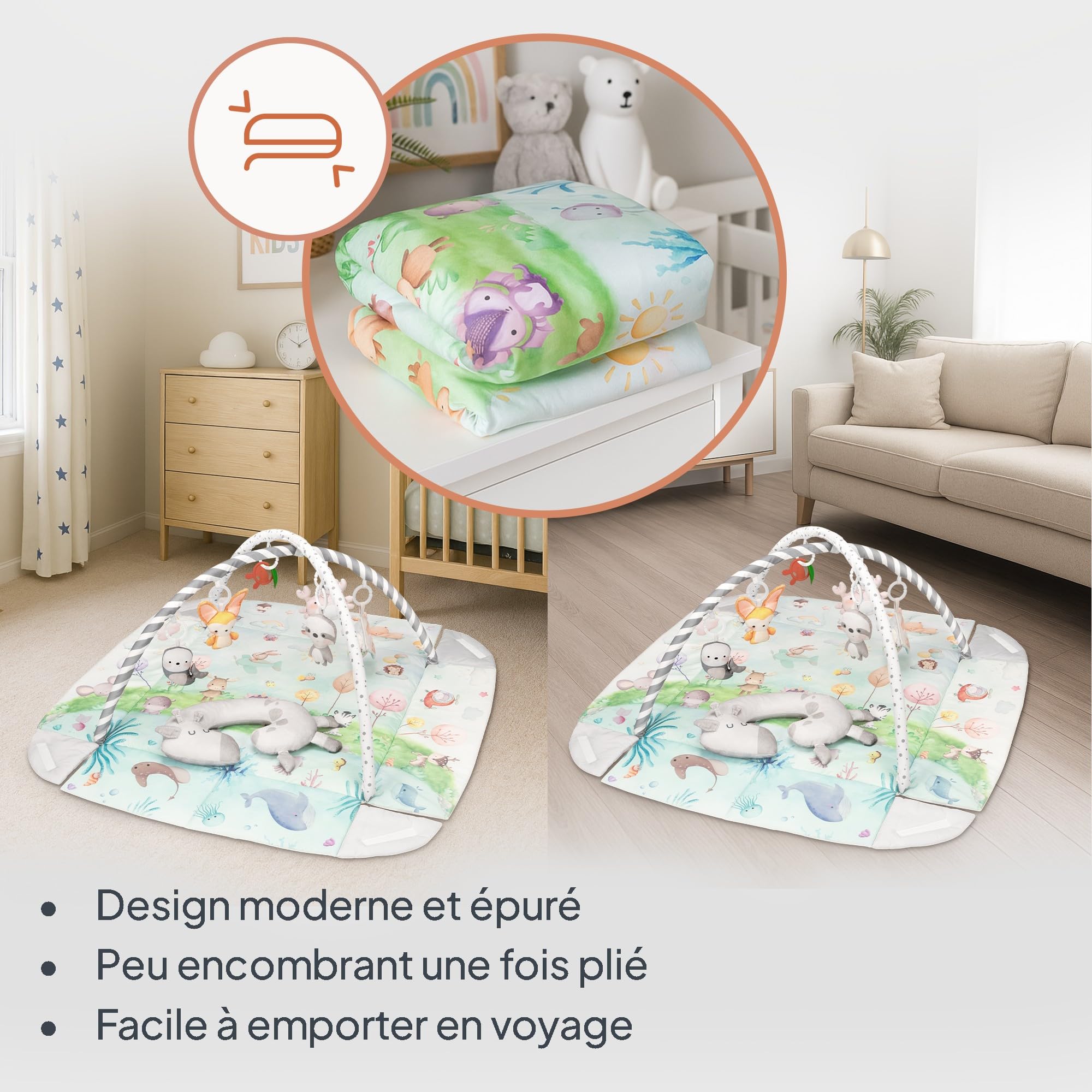 Lionelo Anika Natural tapis d’eveil bebe en bambou, 8 jouets bébé amovibles, arche d'eveil bebe, coussin tummy time, dès la naissance (Natural)