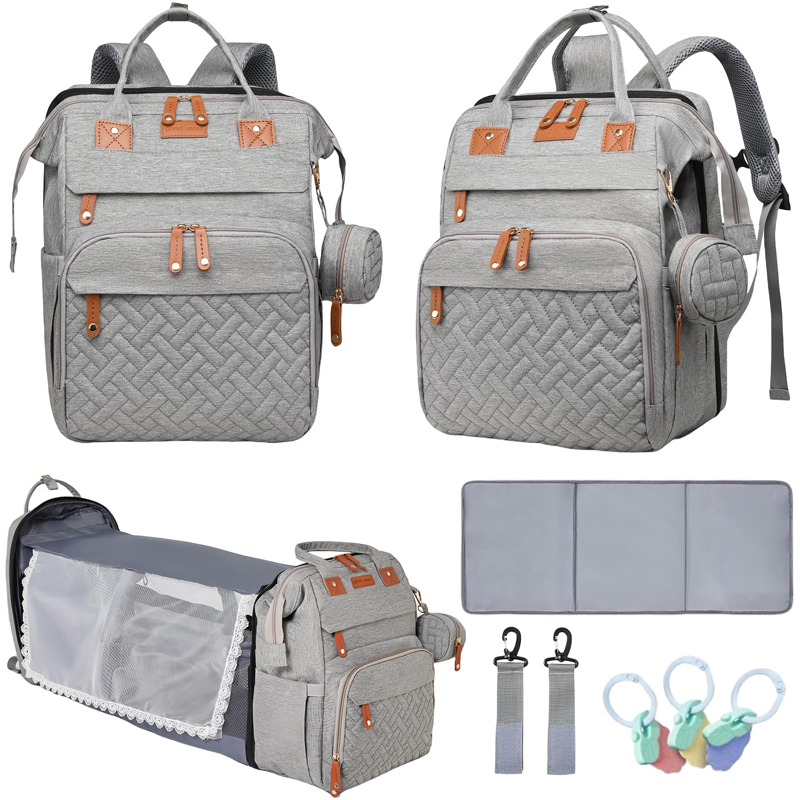 Baby Diaper Bags with Changing Station, Multifunctional Diaper Bag Backpack for Moms Dads with USB Charging Port, Waterproof Travel Diaper, Baby Shower Gifts for Baby Boy & Girls (Grey)