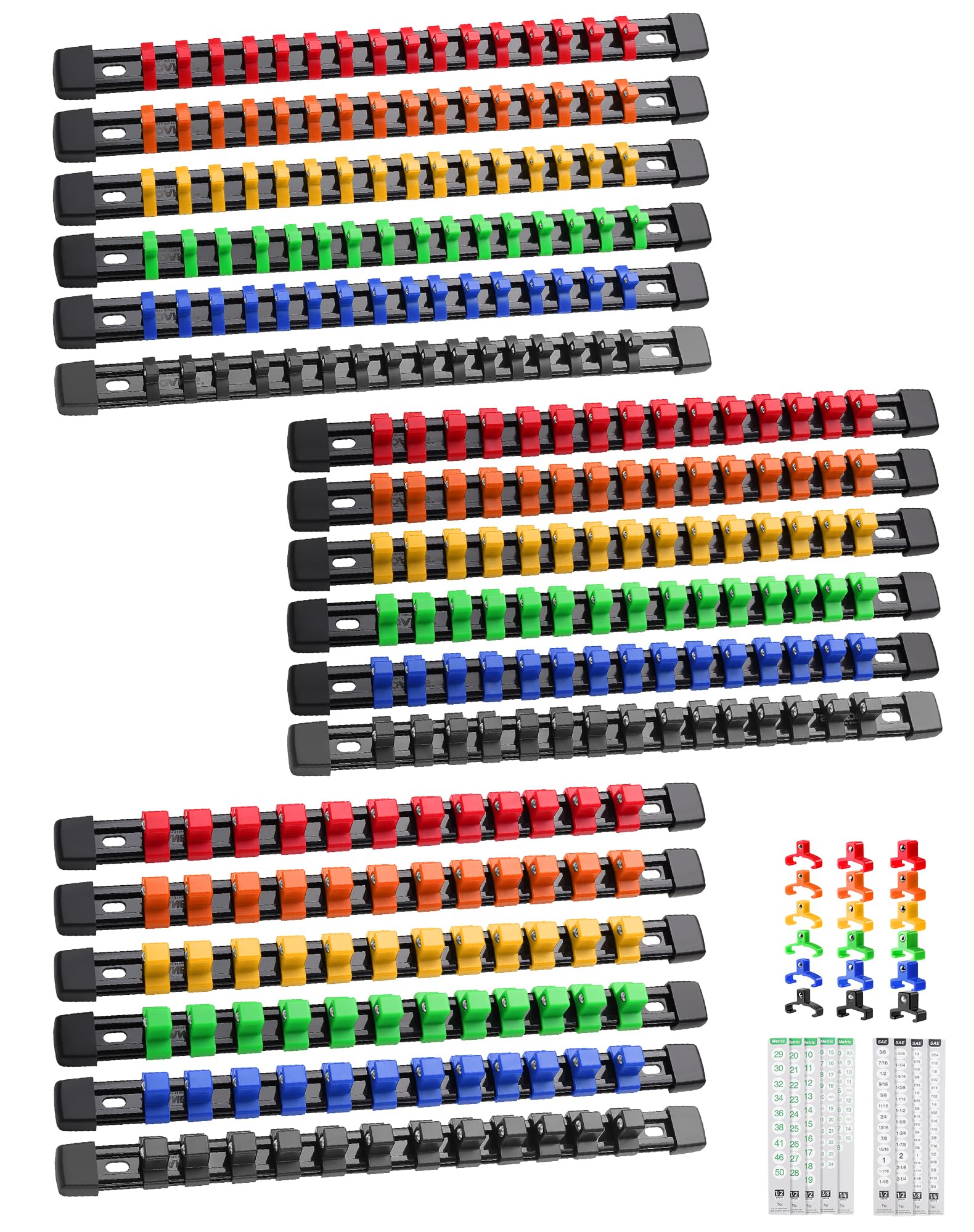 ALOANES 18PC ABS Socket Organizer, Socket Rails Fit 1/2 inch, 3/8 inch and 1/4 inch Drive, toHeavy Duty Socket Holders Hold up to 258 Sockets, Black Rails with 6 Color Clips โ image 1