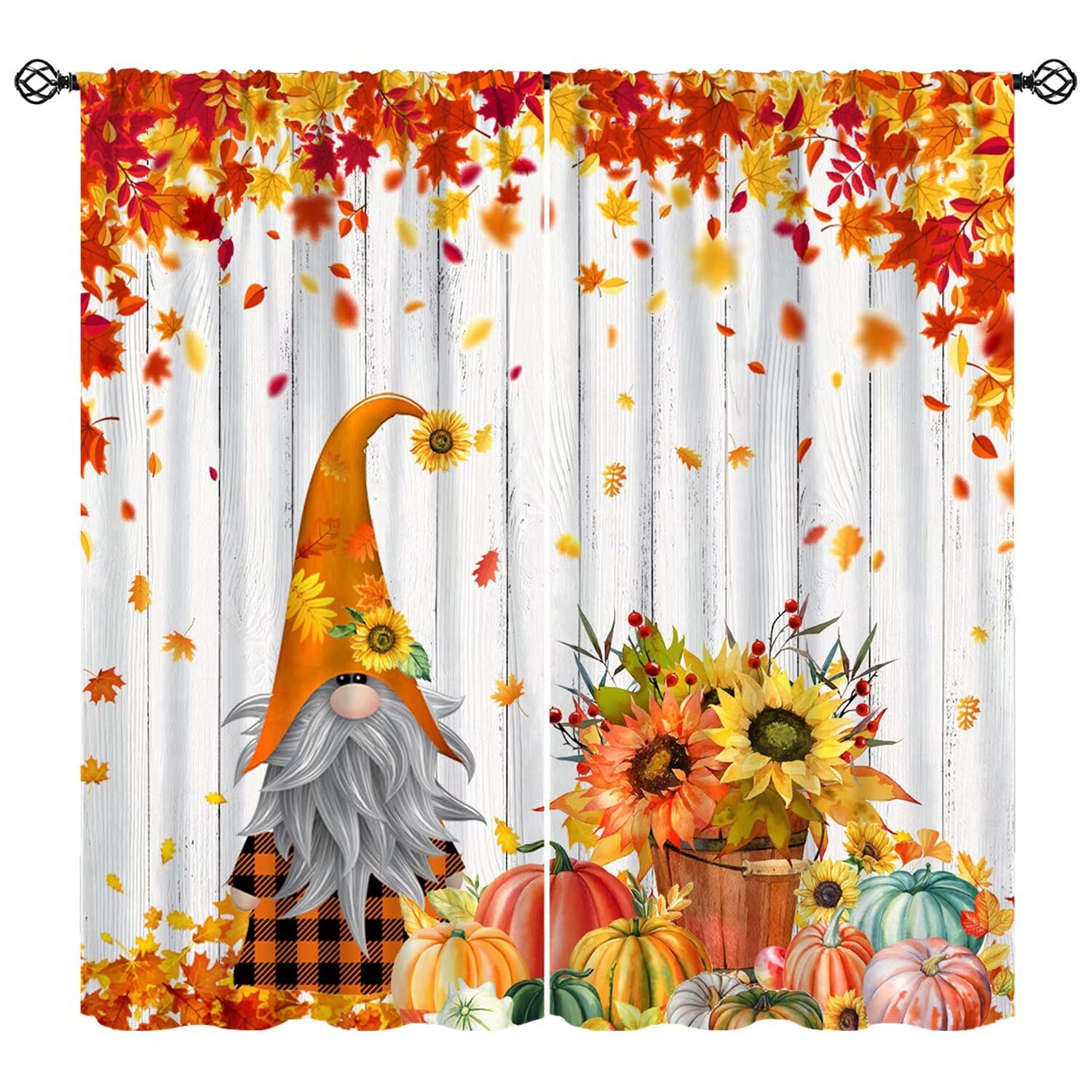 Moderw Autumn Gnome Pumpkin Curtain Fall Harvest Thanksgiving Maple Leaves Window Treatment Rustic Sunflowers Farm Farmhouse Drapes for Bedroom Living Room Kitchen W63xL63in