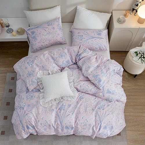 Miniatura 5 de Funda de edredón, 100 % algodón, juego de ropa de cama de 3 piezas con diseño floral en rosa para niñas, estampado elegante estilo jardín con ramas