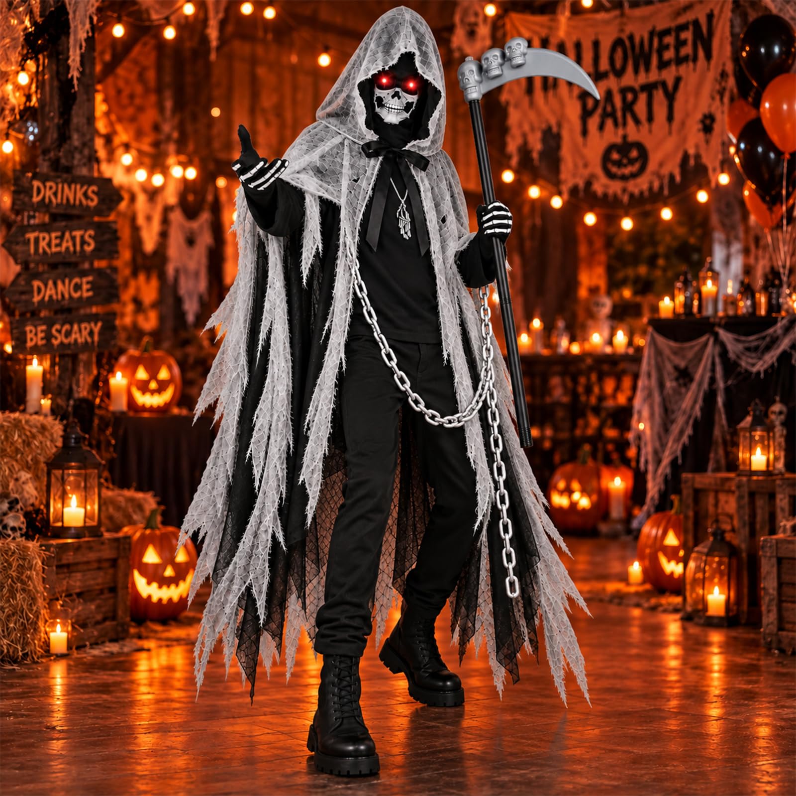 Costume Halloween Bambino Adulti Unisex Vestito Mietitore Pauroso con Falce, Teschio Maschera, Occhiali Luminosi e Guanti Scheletro Capo Nero Grigio con Cappuccio per Cosplay Halloween Carnevale