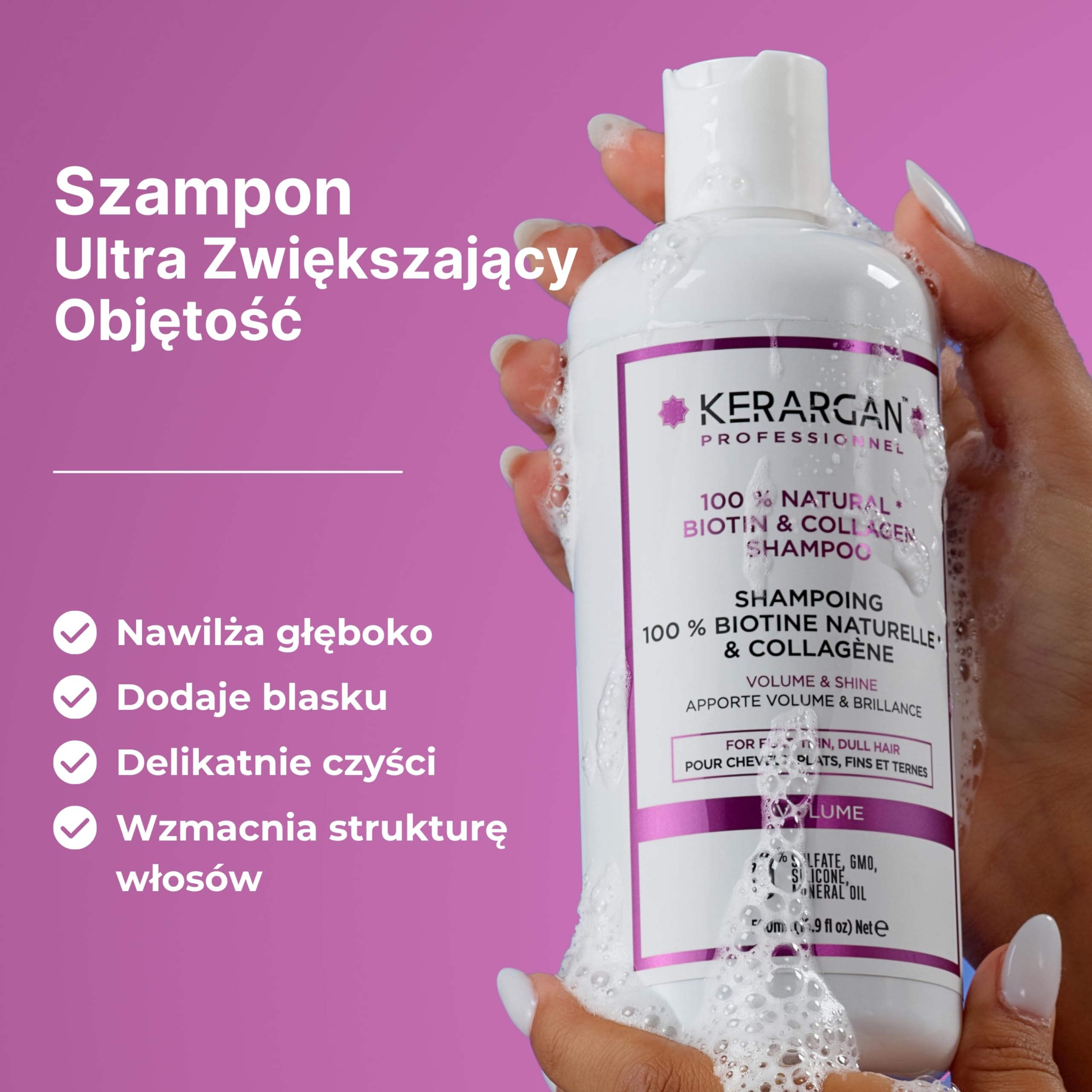 Kerargan - Szampon Objętościowy z Biotyną i Kolagenem - Dla Włosów Płaskich, Cienkich, Matowych - Wzmacniający, Nabłyszczający, Nawilżający - Bez Sulfatów, GMO, Silikonu, Oleju Mineralnego - 500ml