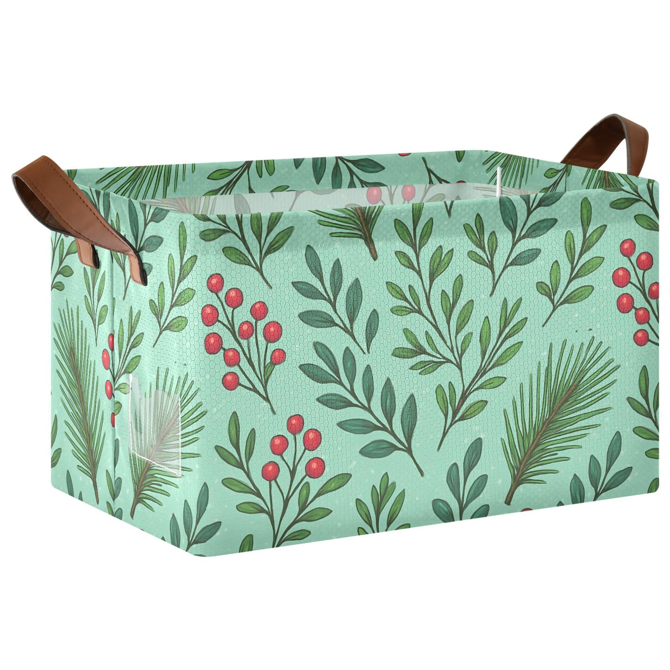 Kutsu Winter Botanical Branches Foldable Storage Basket Collapsible Bin With Handles For Shelves