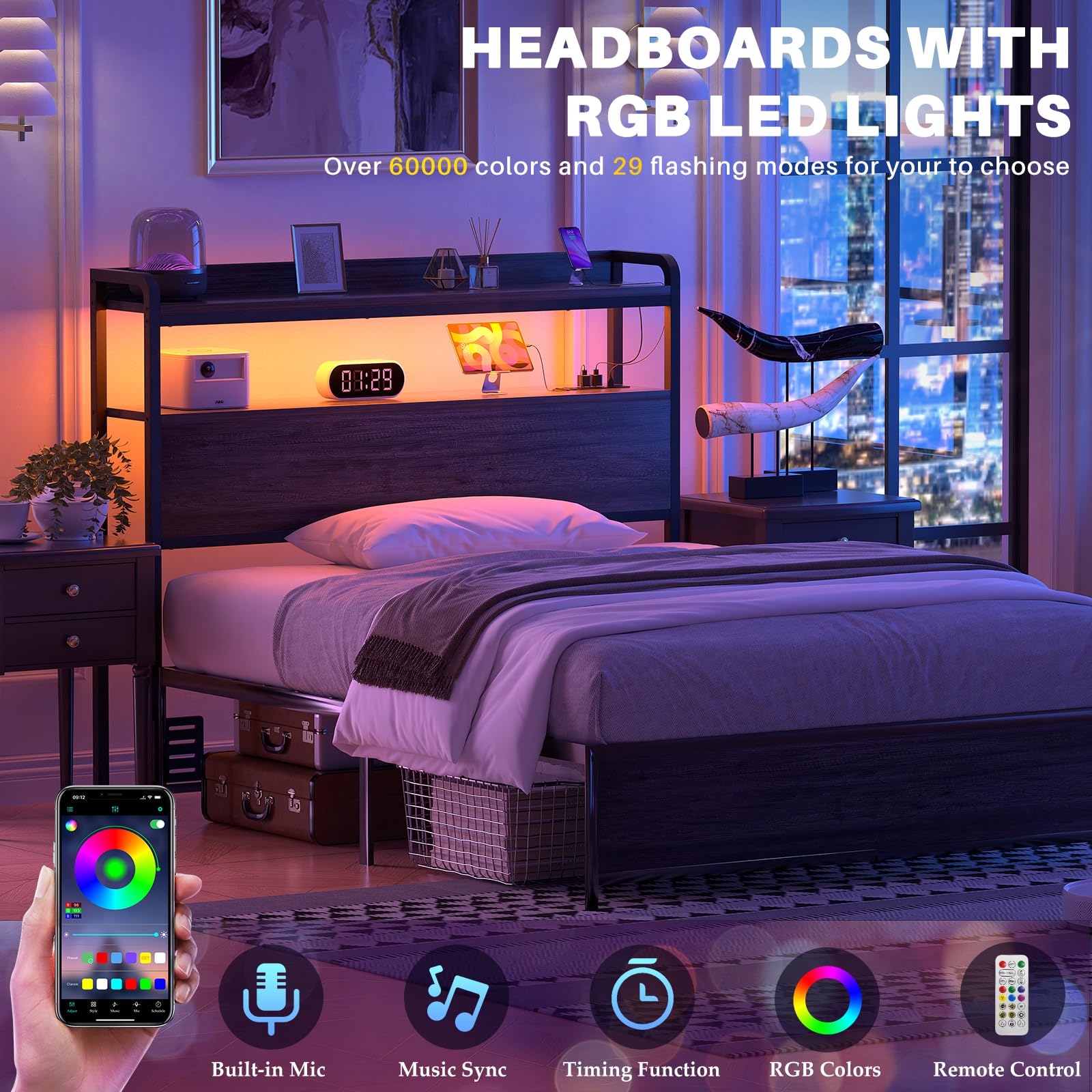 Aheaplus Testiera Letto Imbottita Con Luci LED RGB E Porte USB – Pelle, Regolabile, Ripiano, Contenitore, Per Letto Matrimoniale, Nero - 5