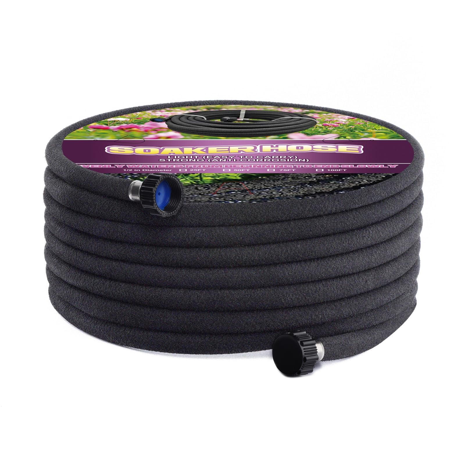 Manguera de remojo de 75 pies – Manguera de goteo de goma para jardín de 5/8 pulgadas, ahorro del 70% de agua, manguera de jardín redonda de riego por goteo para césped, parterres