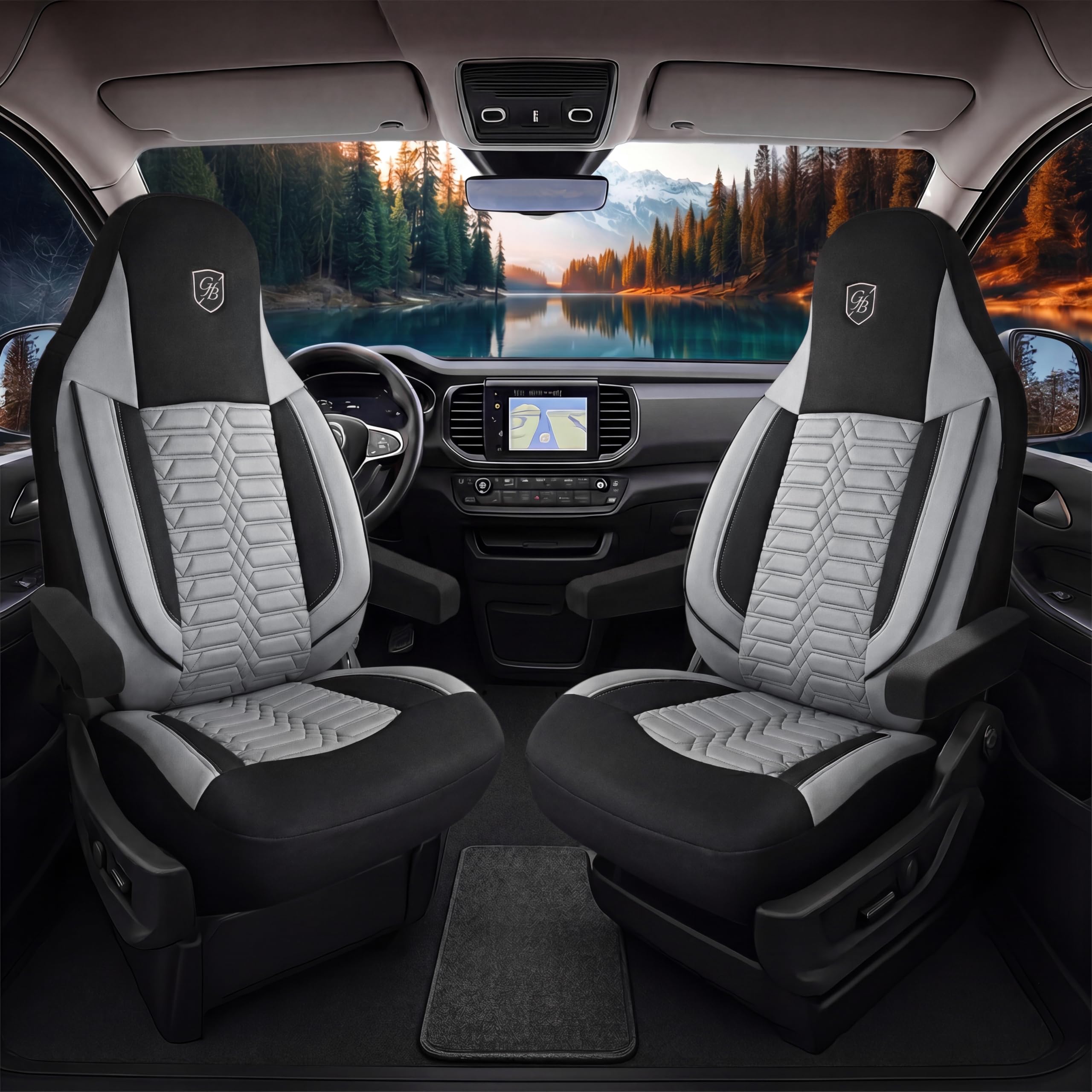 Housses de siège universelles pour camping-cars et caravanes - Housses de siège avant en tissu Lacoste, gris-noir, airbag-compatible, protection pour sièges, ensembles pour sièges avant