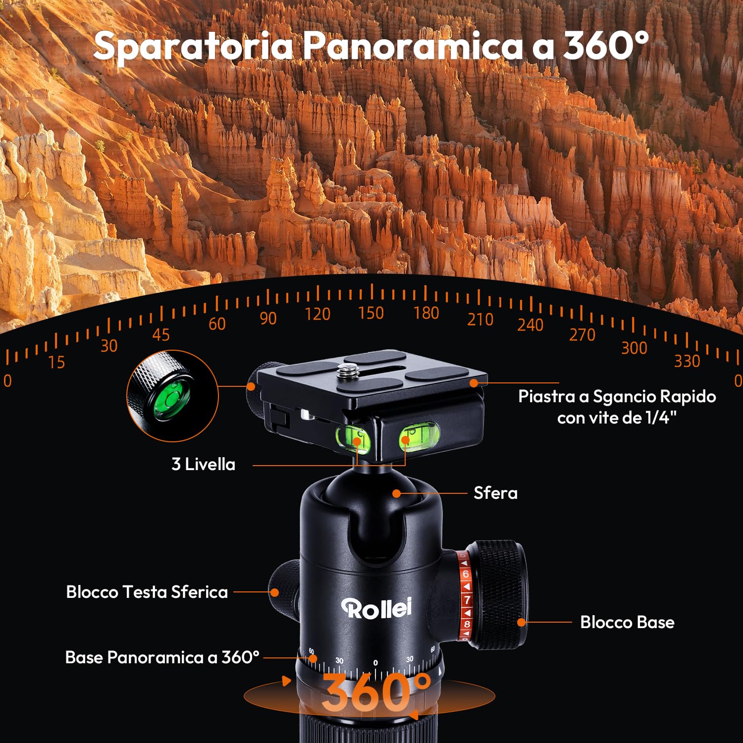 Rollei C6i Treppiede Fotocamera Nero, 171,5cm Cavalletto Fotografico Carbonio Viaggio con Testa Sfera a 360° Tripod Camera per Sony Canon Nikon DSLR Treppiede per Smartphone con Supporto per Telefono