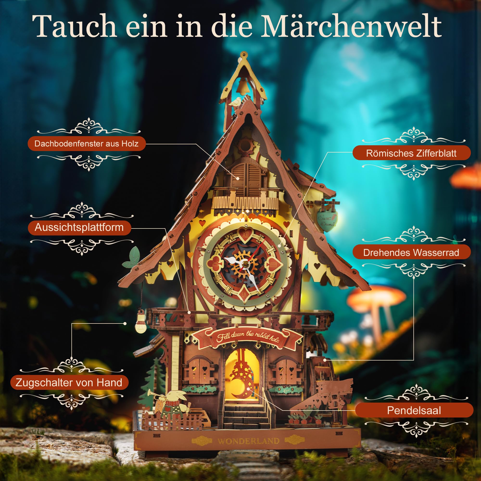 ROBOTIME 3D Puzzle Kuckucksuhr für Erwachsene, Holzpuzzle-Modellbausätze zum Bauen, funktionierende Uhr mit Kuckuckssound, Heimdekoration Handwerk, Geschenk für Jugendliche & Erwachsene, LC901C