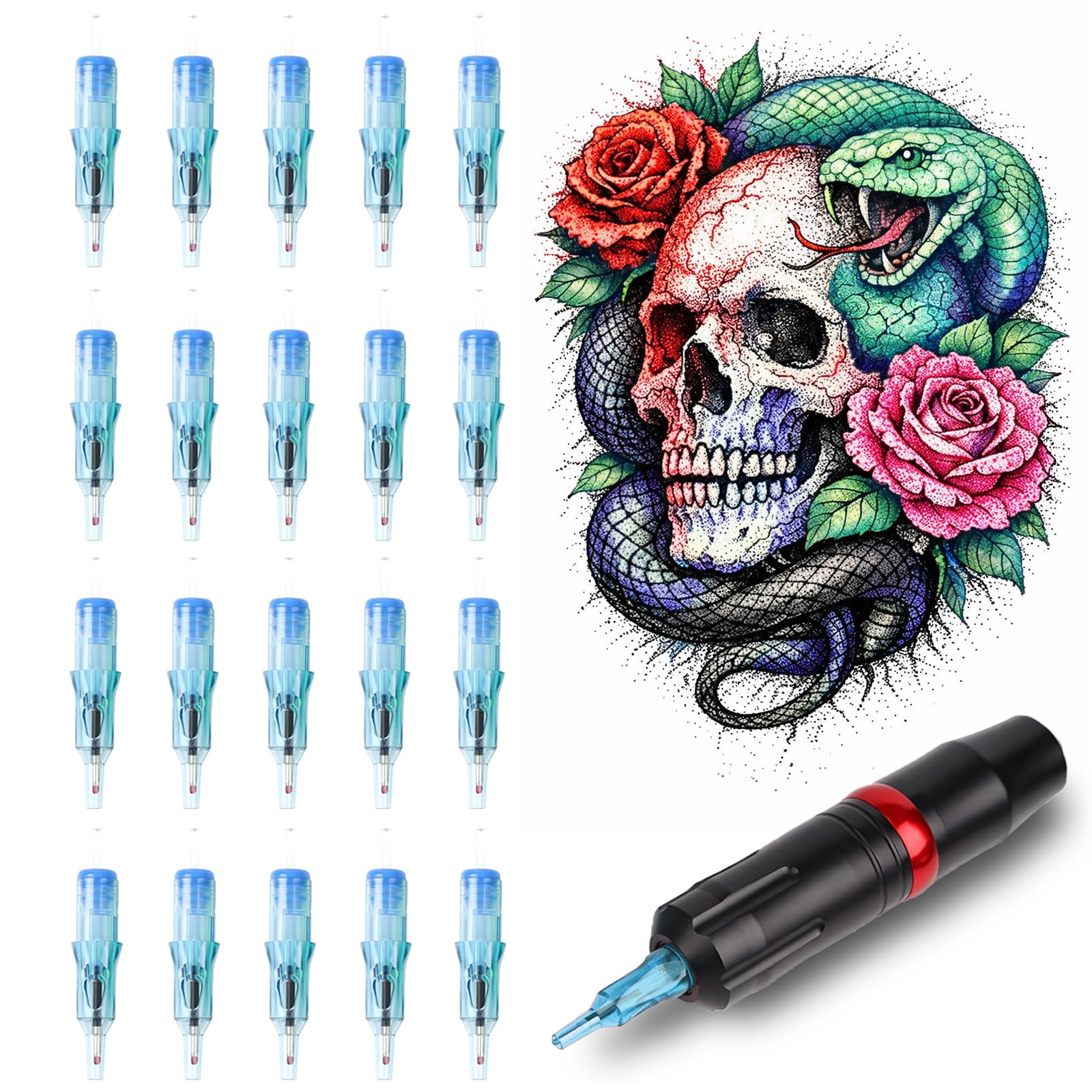 GBK 20pcs Tattoo Ball Point Pen Cartridges, Ballpoint Pen Tattoo Cartridge with Strong Spring & Wax Seal, Tattoo Practice Pen for Paper Drawing, Dot Work, Beginners & Artists (Blue)