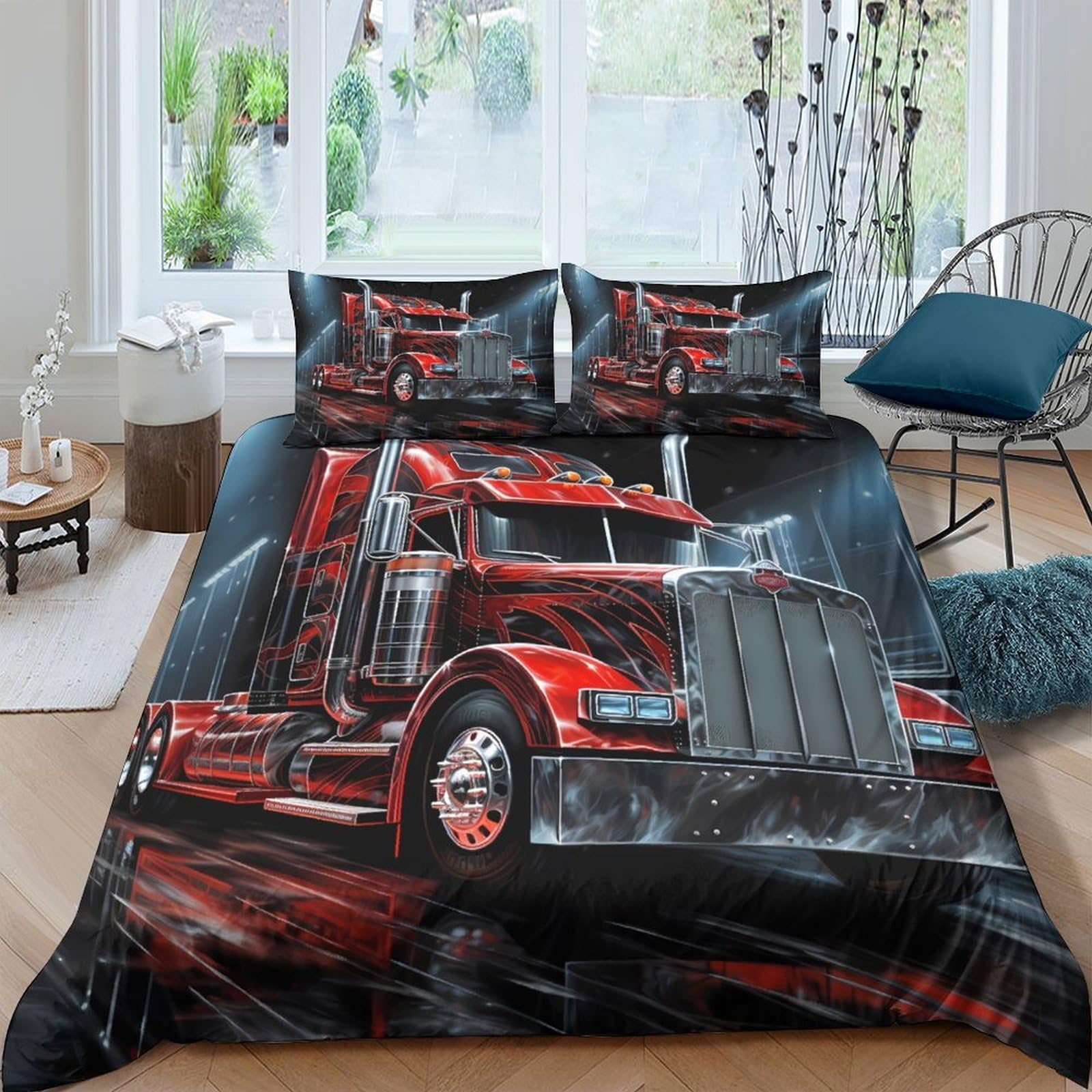 Ctjqhvkz Style-4 3D Printed Red Truck Fitted Sheet Microfiber Soft Anti-Slip Bed Cover For Bedroom Guest Room Dorm Decorative Single（135X200cm）