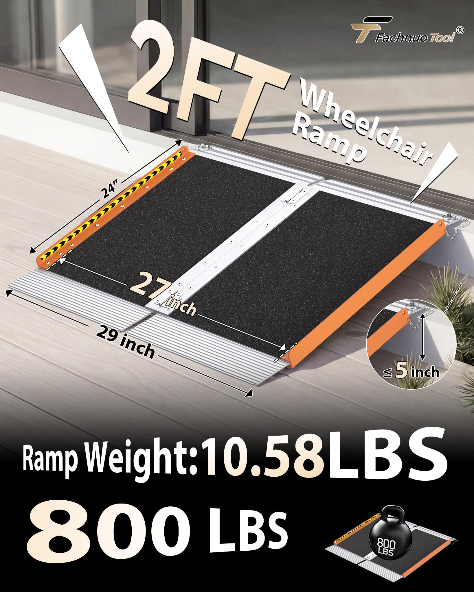 FACHNUO - Rampa para silla de ruedas de 2 pies para escalones de casa, rampa de umbral plegable portátil para puertas con parte inferior autoajustable, mango de rampa de aluminio antideslizante para