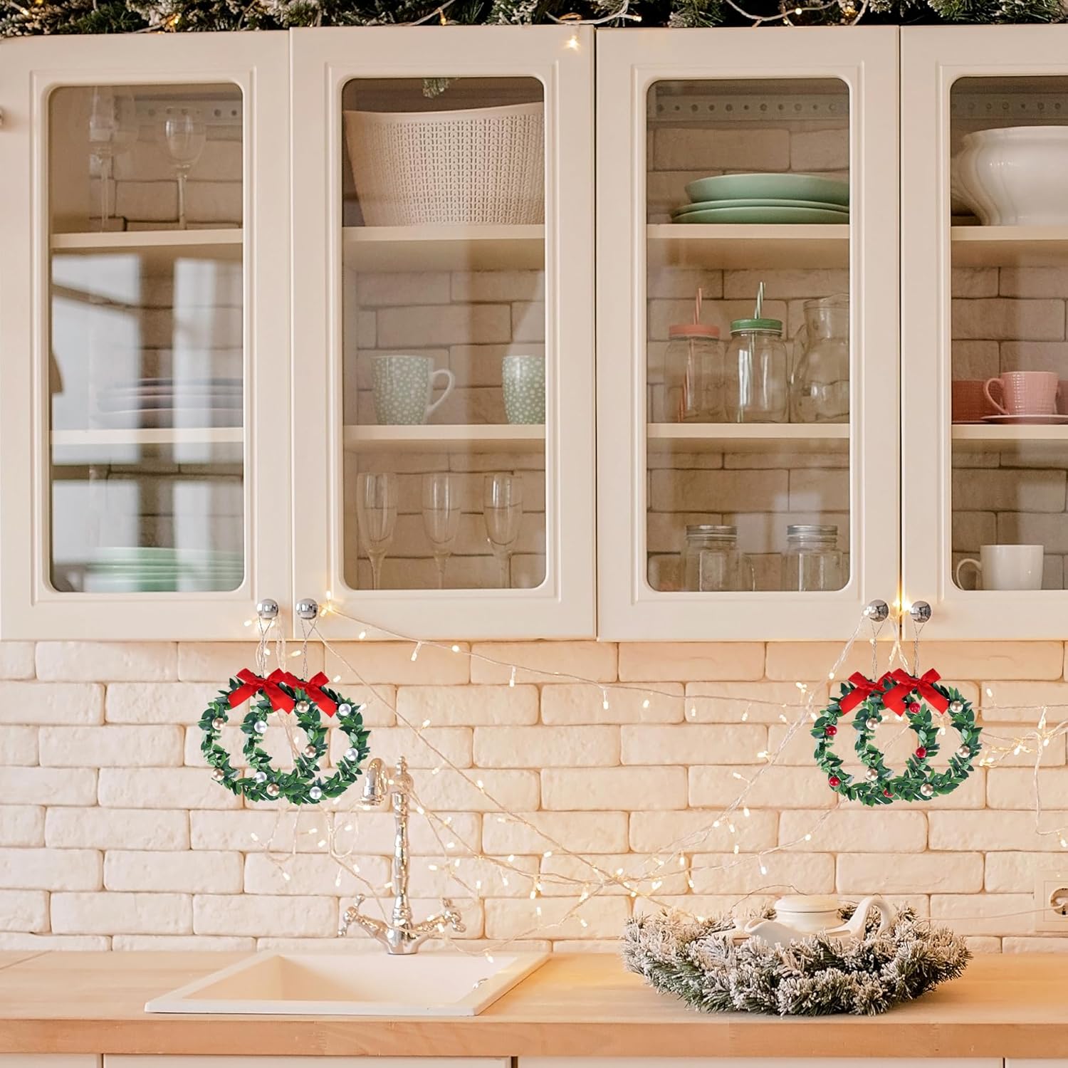 jiebor 12Pcs Mini Christmas Wreaths Small Green Hanging Wreath Christmas Ornament for Cabinets Winter Holiday Home Outdoor Indoor Window Christmas Tree Crafts Decorations 4 Inch - Image 6