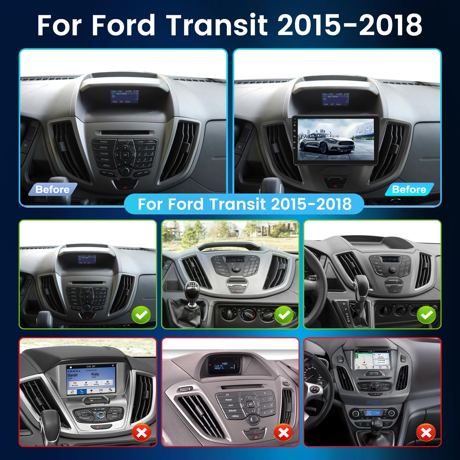 NHOPEEW 4+64G Radio Voiture pour Ford Transit 2015-2018 - Radio Android 9 Pouces avec sans Fil Carplay et Android Auto - Mirror Link 32EQ DSP Écran Divisé + Caméra de Recul & Microphone