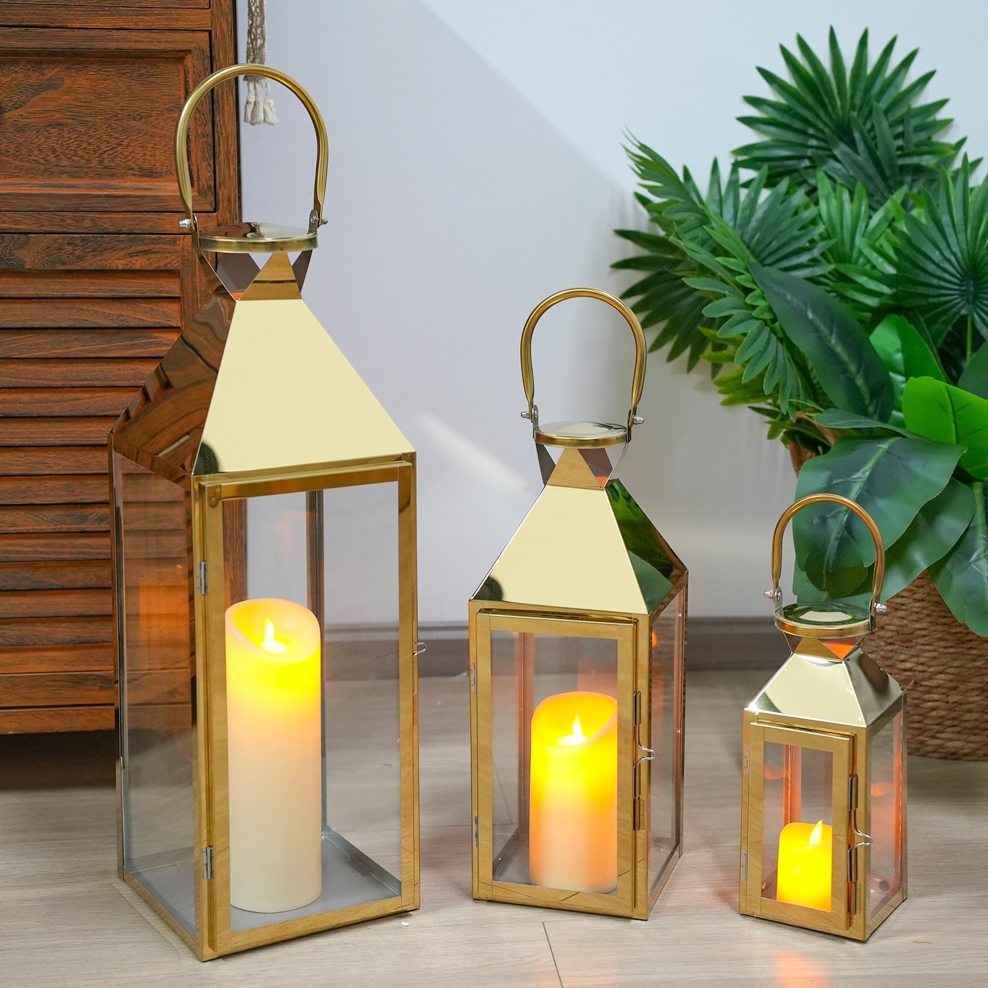M*u様 REI Candle Lantern ゴールド Set of 3 Stainless Steel Candle Lanterns 10/15.5/21.5''H