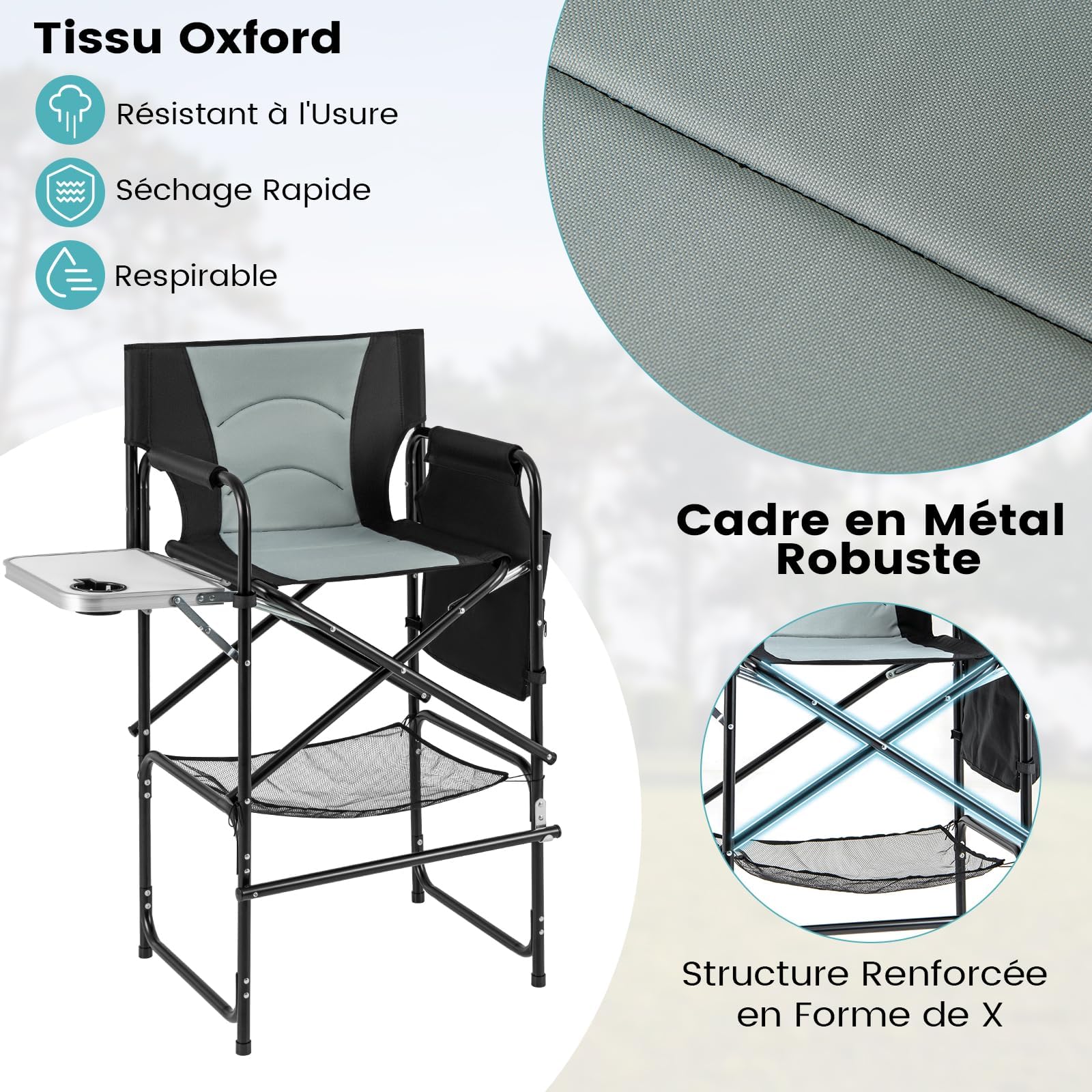 GYMAX Chaise Maquillage Professionnel 116,5 cm, Chaise Metteur en Scène Pliable Portable avec Plateau, Porte-Gobelet, Repose-Pieds, Sac en Filet, Poche de Rangement, Chaise Haute pour Studio