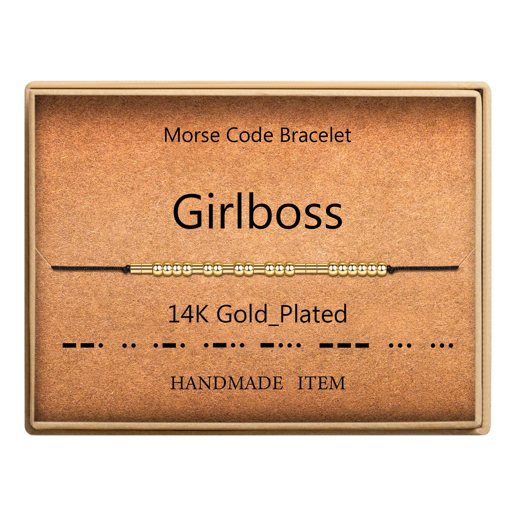 SANNYRAMorse Code Bracelet 14k Gold Plated Beads on Silk Cord Friendship Bracelet Gift for Her (Girlboss), Stainless Steel